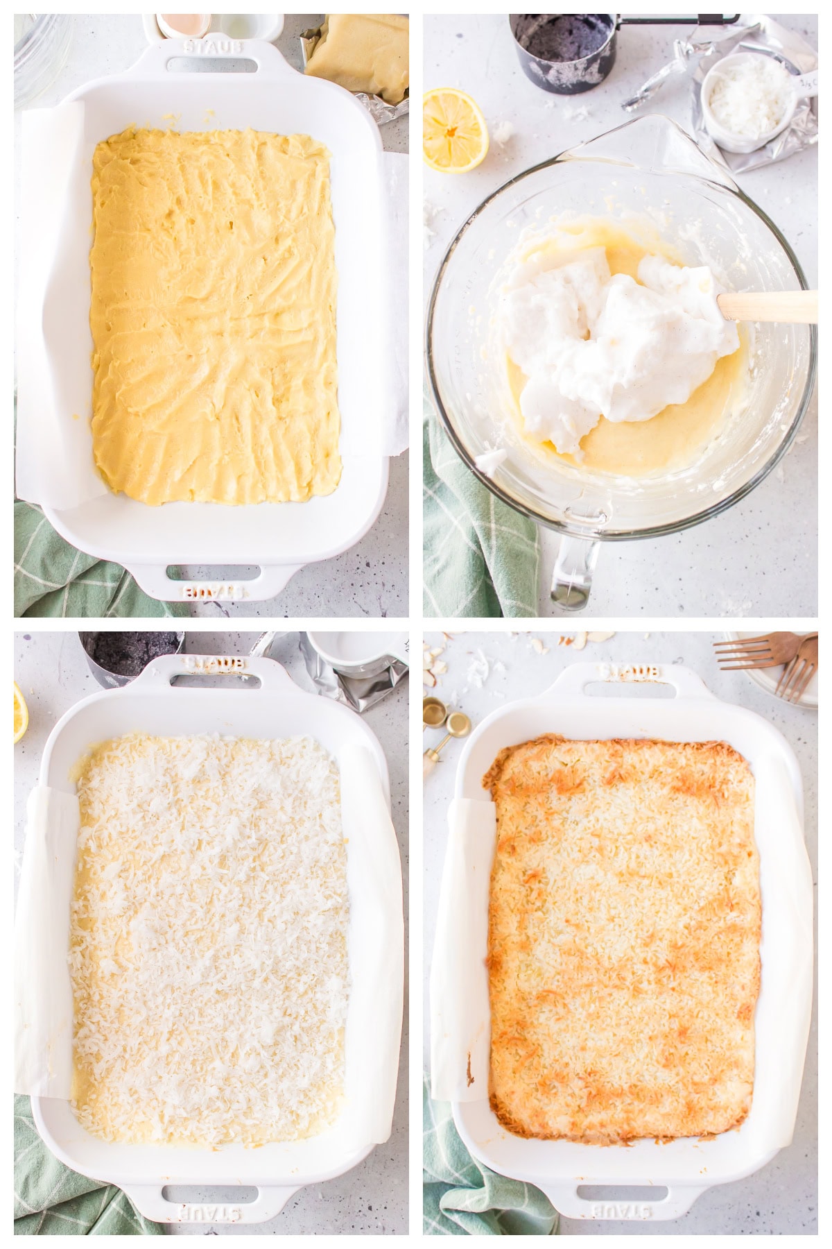 Almond Coconut Bars recipe from RecipeGirl.com four photos showing how to make almond coconut bars