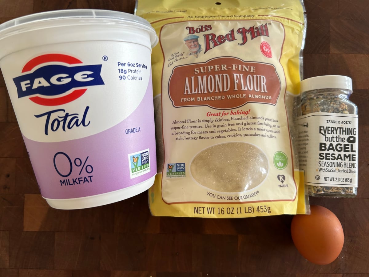 Almond Flour Bagels recipe from RecipeGirl.com ingredients displayed for making almond flour bagels