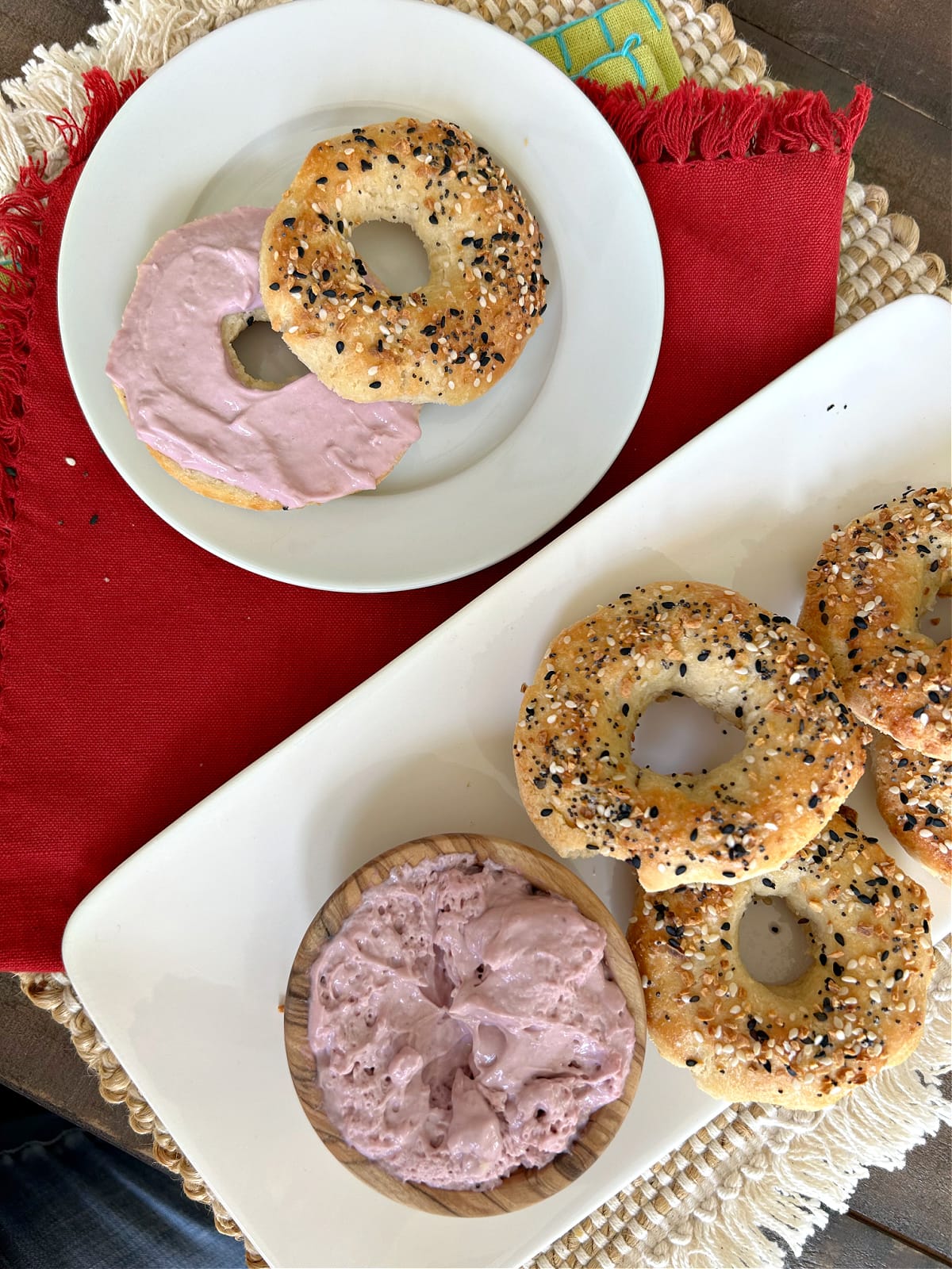 Almond Flour Bagels recipe from RecipeGirl.com almond flour bagels displayed with berry cream cheese