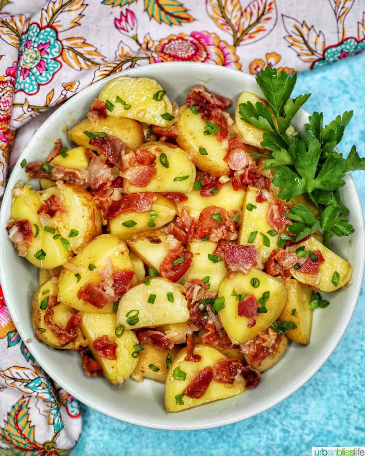 21 Favorite Potato Salad Recipes collection on RecipeGirl.com bowl of baby potato salad with bacon