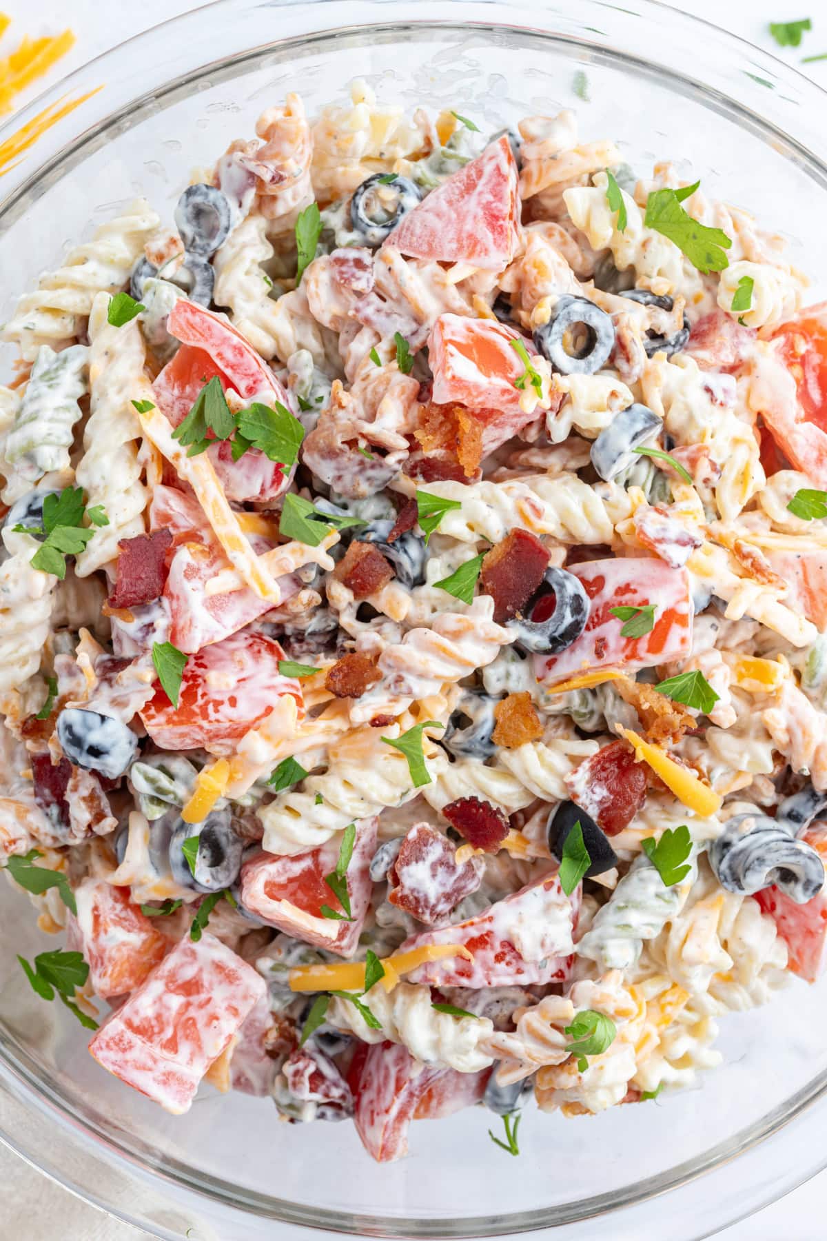Bacon Ranch Pasta Salad recipe from RecipeGirl.com bacon ranch pasta salad in bowl