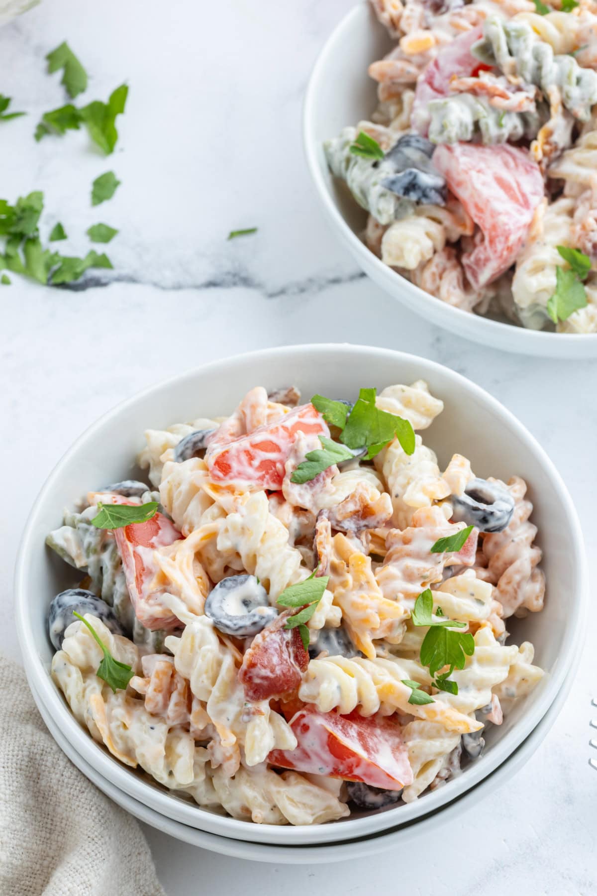 Bacon Ranch Pasta Salad recipe from RecipeGirl.com bacon ranch pasta salad in bowl