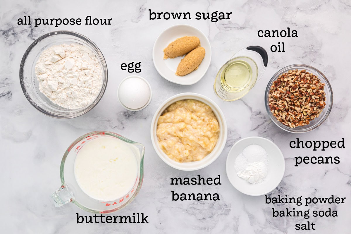 Banana Pecan Pancakes recipe from RecipeGirl.com // easy breakfast and brunch recipe ingredients displayed for making banana pecan pancakes