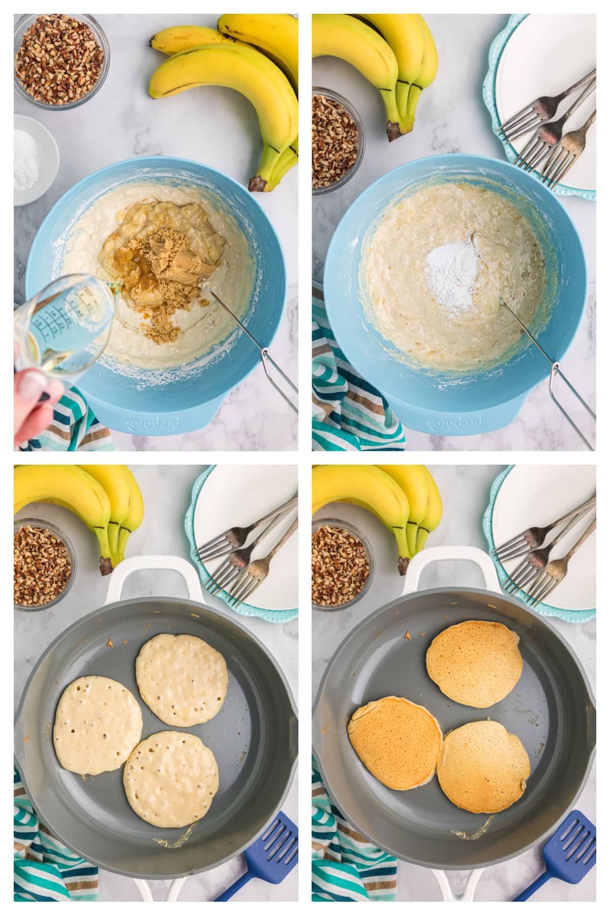 Banana Pecan Pancakes recipe from RecipeGirl.com // easy breakfast and brunch recipe collage of photos showing how to make banana pecan pancakes