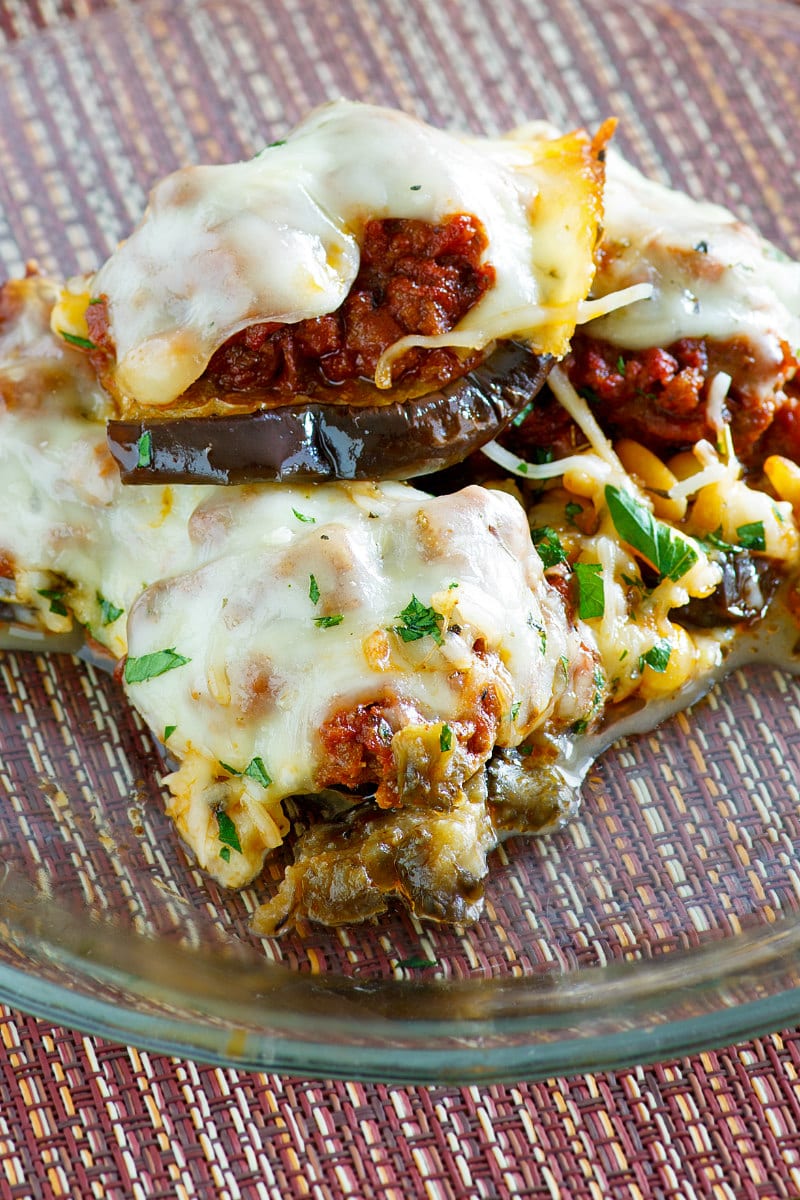 Beef and Eggplant Casserole recipe from RecipeGirl.com #beef #eggplant #casserole #dinner #recipe #RecipeGirl Serving of Beef and Eggplant Casserole