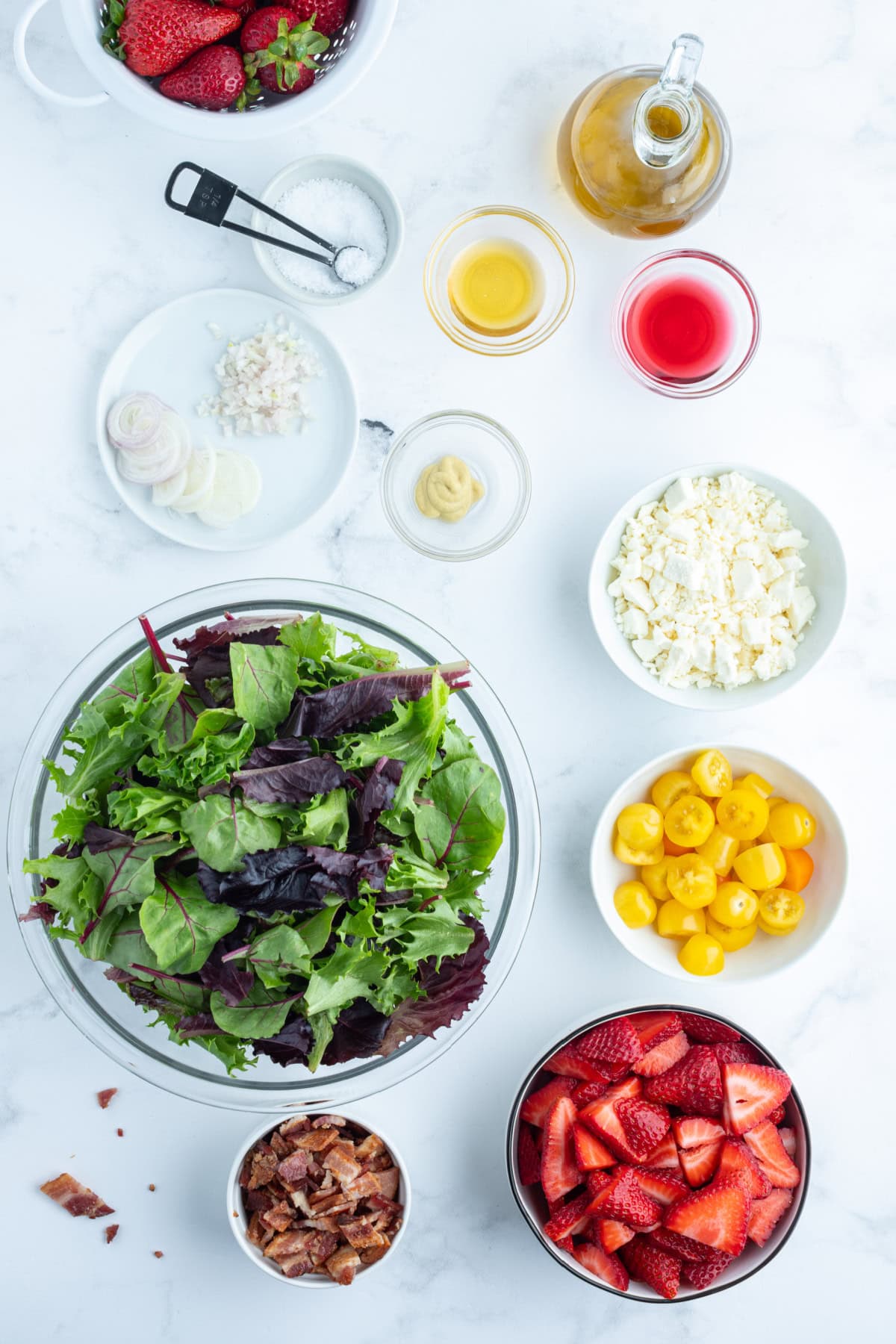 Berry Bacon and Tomato Salad with strawberry vinaigrette recipe from RecipeGirl.com ingredients displayed for making berry bacon and tomato salad