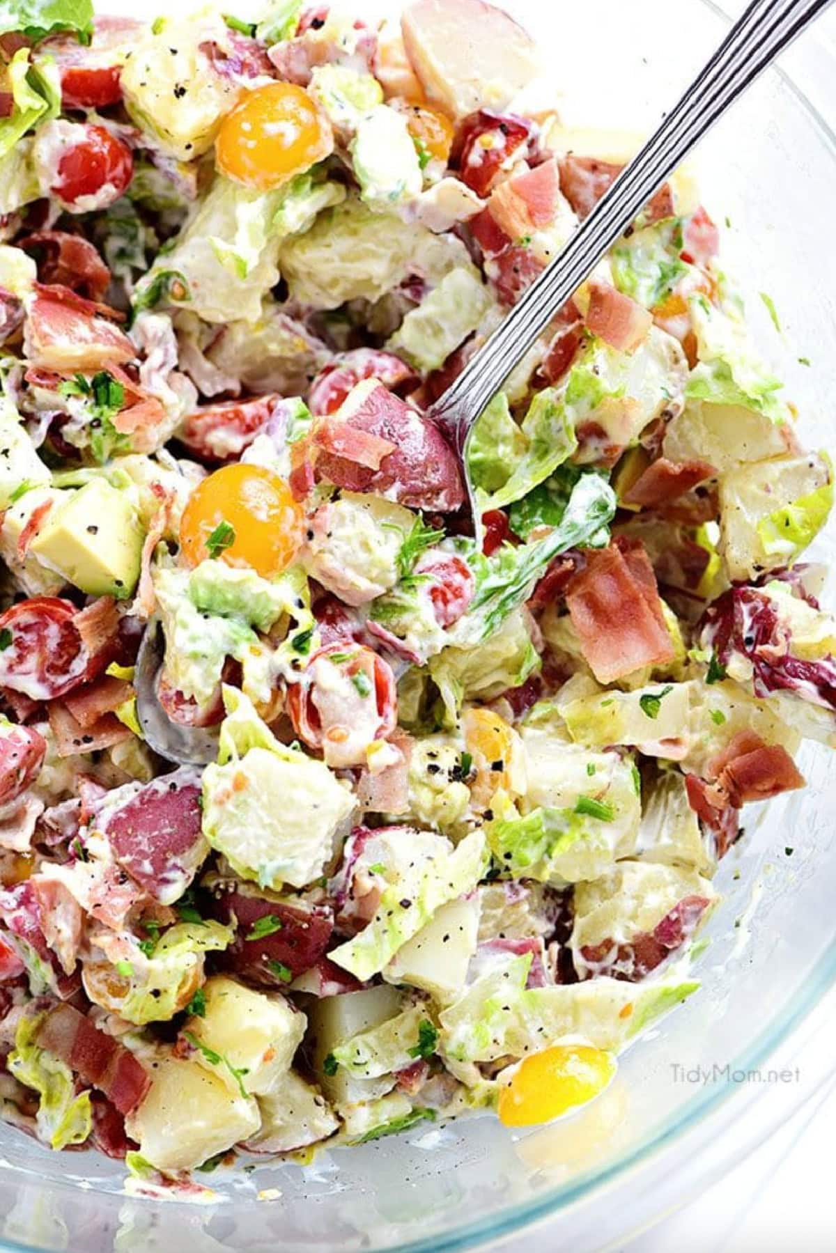 21 Favorite Potato Salad Recipes collection on RecipeGirl.com blt red potato salad with avocado in bowl