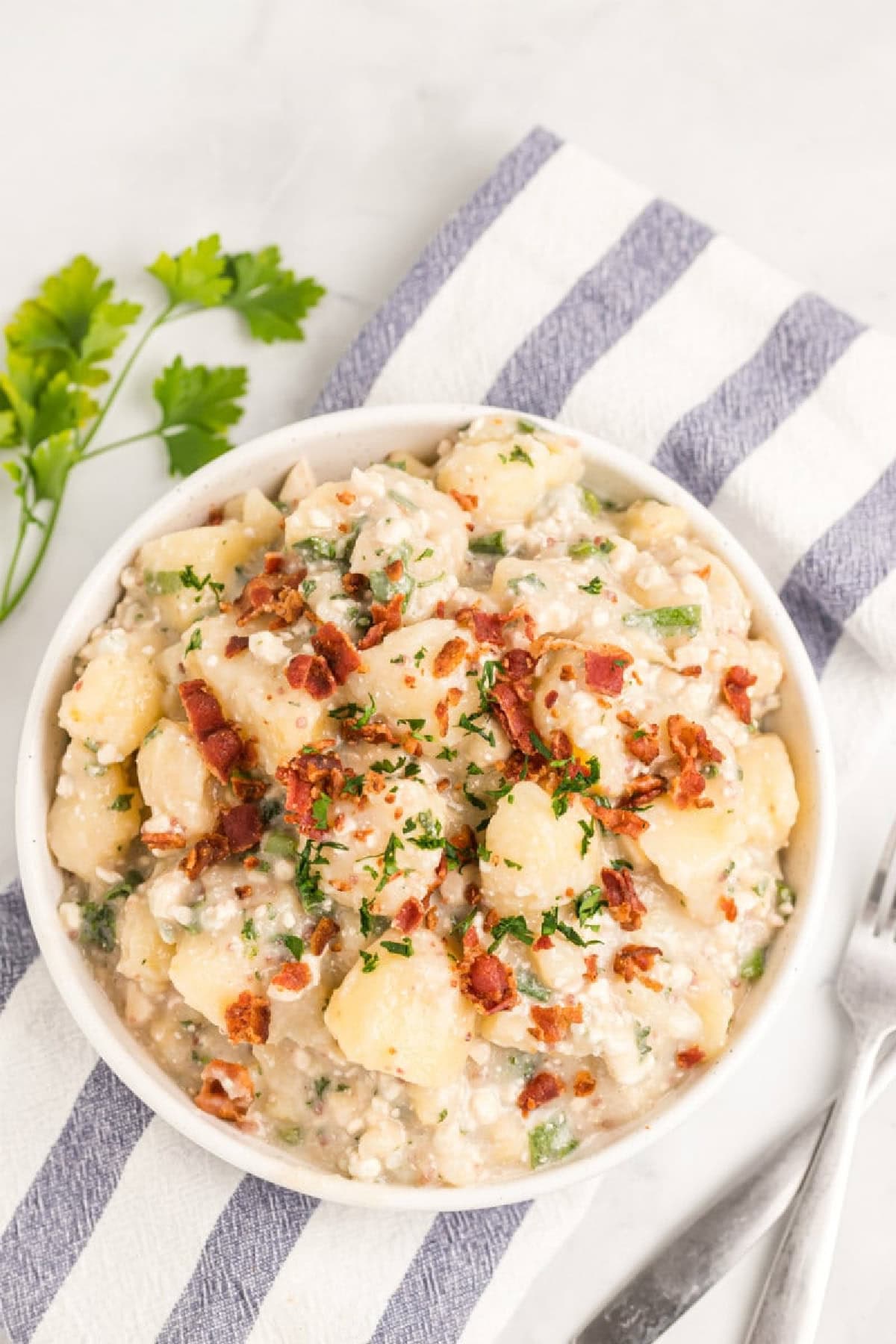 21 Favorite Potato Salad Recipes collection on RecipeGirl.com bowl of blue cheese and bacon potato salad