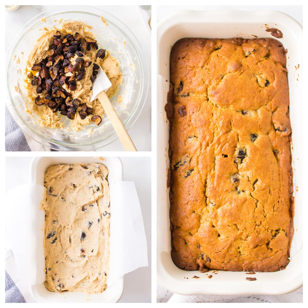 Caramel Fig Bread recipe from RecipeGirl.com three photos showing how to make caramel fig bread