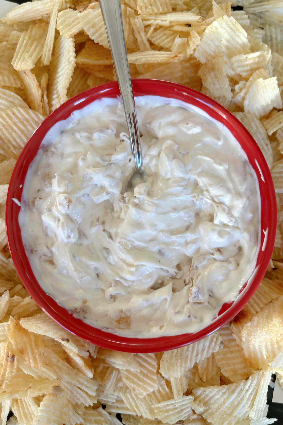 Caramelized Onion Dip recipe from RecipeGirl.com bowl of caramelized onion dip with chips around