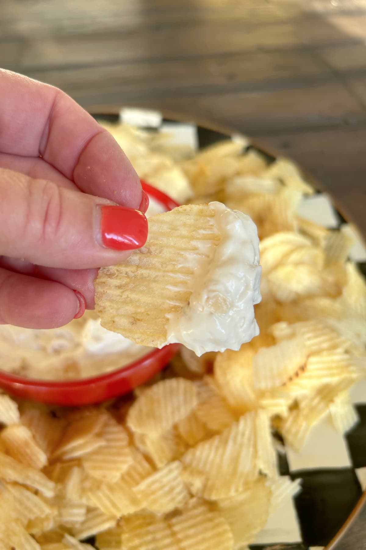 Caramelized Onion Dip recipe from RecipeGirl.com hand holding chip dipped in onion dip
