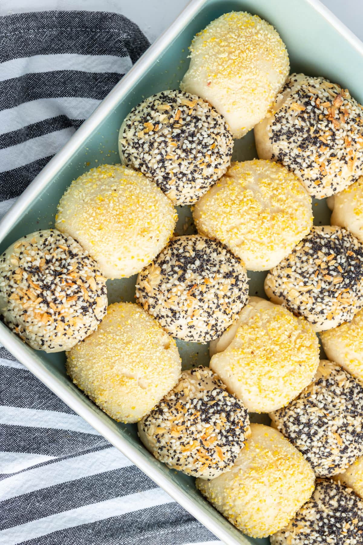 Checkerboard Dinner Rolls recipe from RecipeGirl.com corner shot of checkerboard dinner rolls in pan