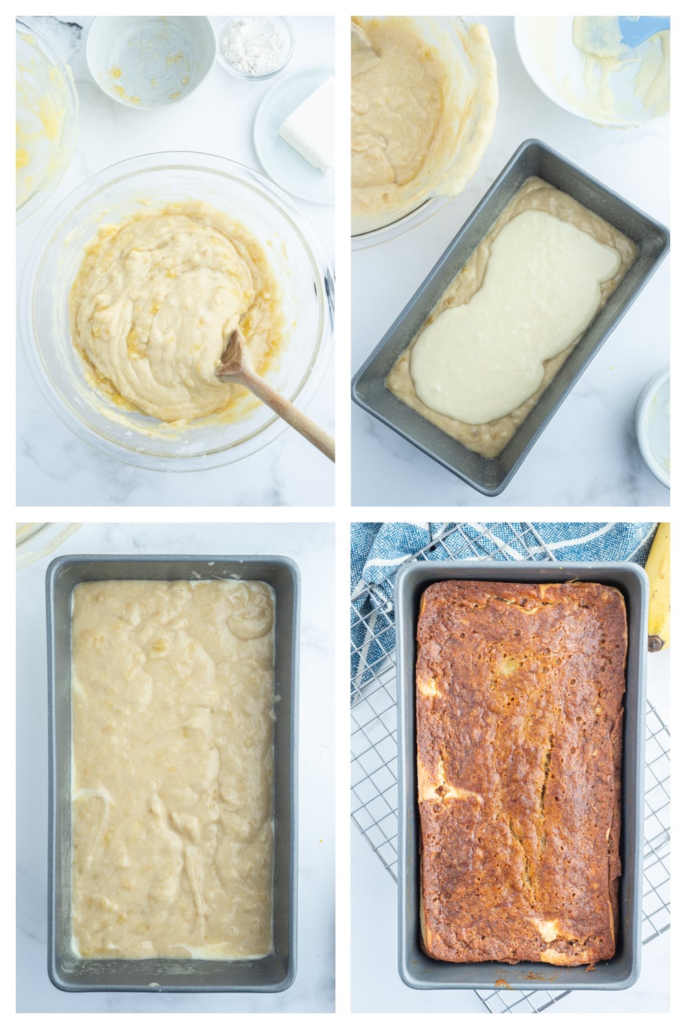 Cheesecake Banana Bread recipe from RecipeGirl.com four photos showing how to make cheesecake banana bread