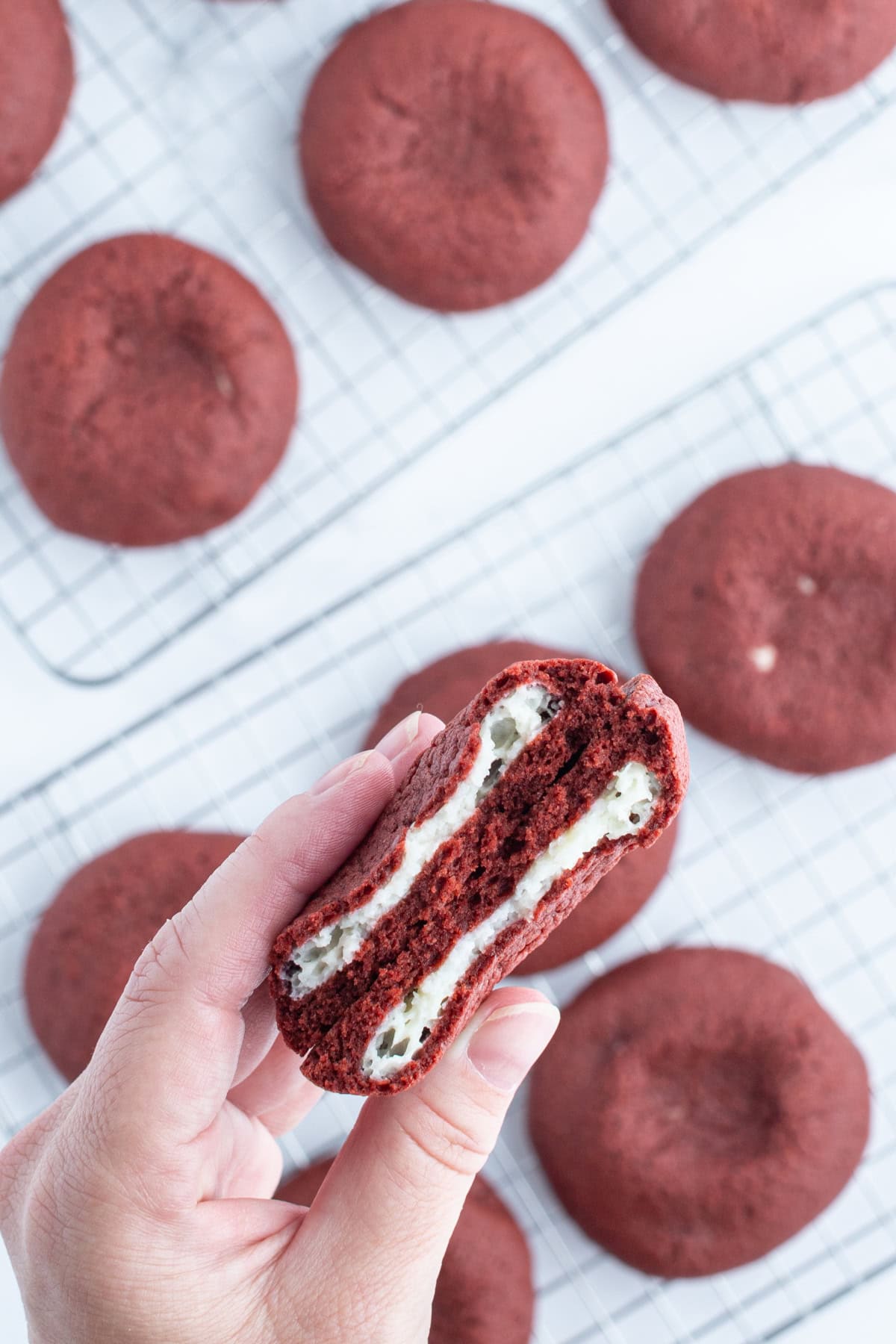 Cheesecake Stuffed Red Velvet Cookies recipe from RecipeGirl.com : Christmas cookies : Valentine's Day Cookies hand holding broken open cheesecake stuffed red velvet cookie