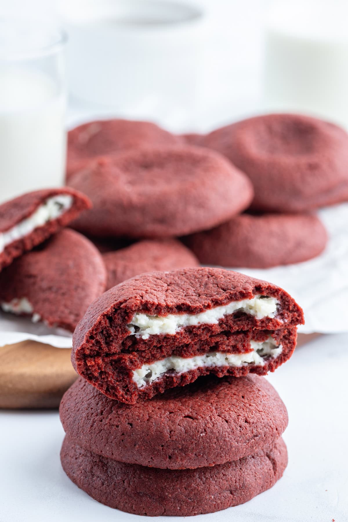 Cheesecake Stuffed Red Velvet Cookies recipe from RecipeGirl.com : Christmas cookies : Valentine's Day Cookies cheesecake stuffed red velvet cookies stacked