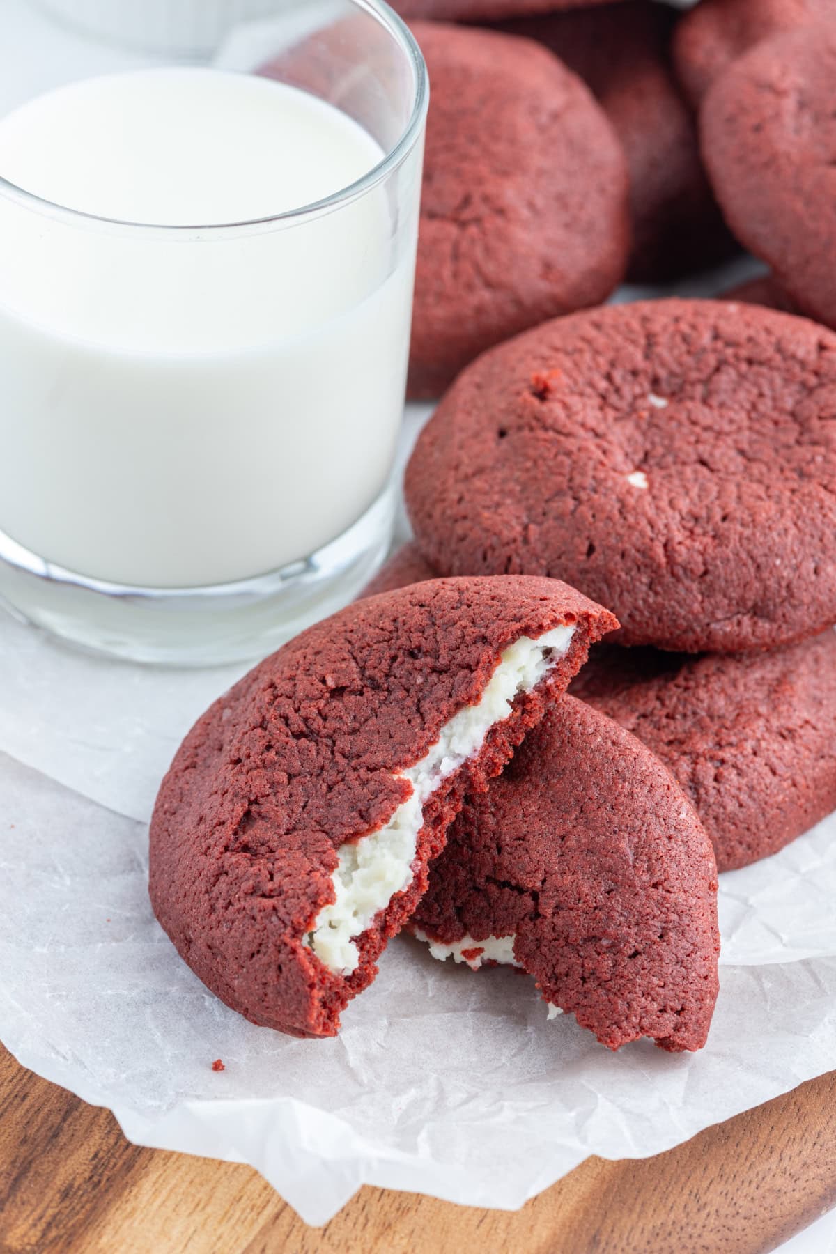 Cheesecake Stuffed Red Velvet Cookies recipe from RecipeGirl.com : Christmas cookies : Valentine's Day Cookies cheesecake stuffed red velvet cookies with milk