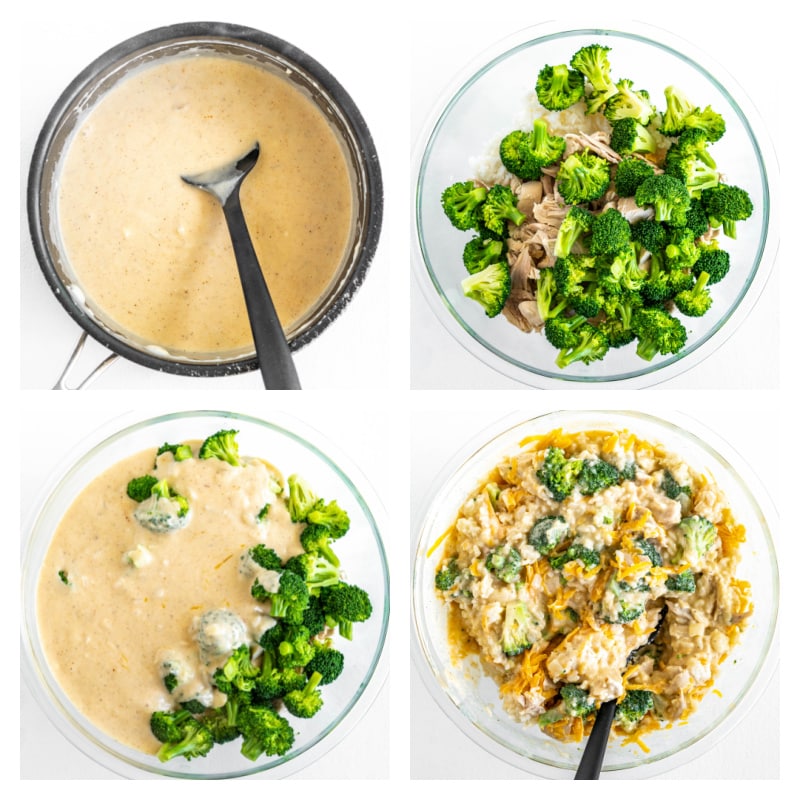 Cheesy Chicken and Broccoli Rice Casserole recipe from RecipeGirl.com #cheesy #chicken #broccoli #rice #casserole #recipe #RecipeGirl four photos showing process of making chicken and broccoli casserole