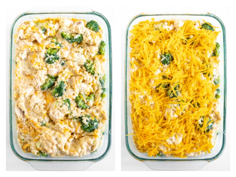 Cheesy Chicken and Broccoli Rice Casserole recipe from RecipeGirl.com #cheesy #chicken #broccoli #rice #casserole #recipe #RecipeGirl two photos showing process of making cheesy chicken and broccoli rice casserole