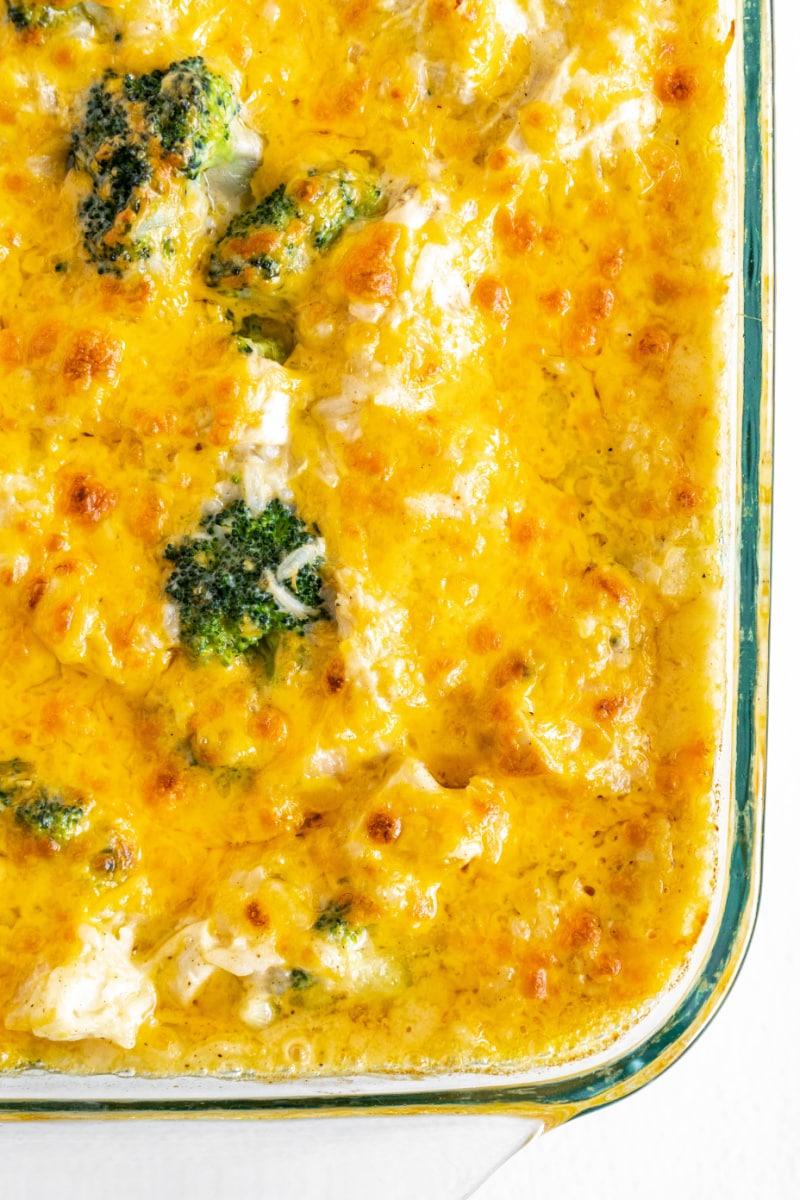 Cheesy Chicken and Broccoli Rice Casserole recipe from RecipeGirl.com #cheesy #chicken #broccoli #rice #casserole #recipe #RecipeGirl cheesy chicken and broccoli rice casserole in casserole dish