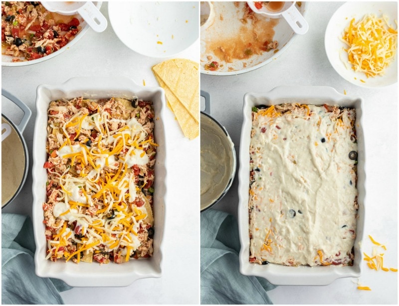 Chicken Enchilada Casserole recipe from RecipeGirl.com #chicken #enchilada #casserole #recipe #RecipeGirl process showing making chicken enchilada casserole