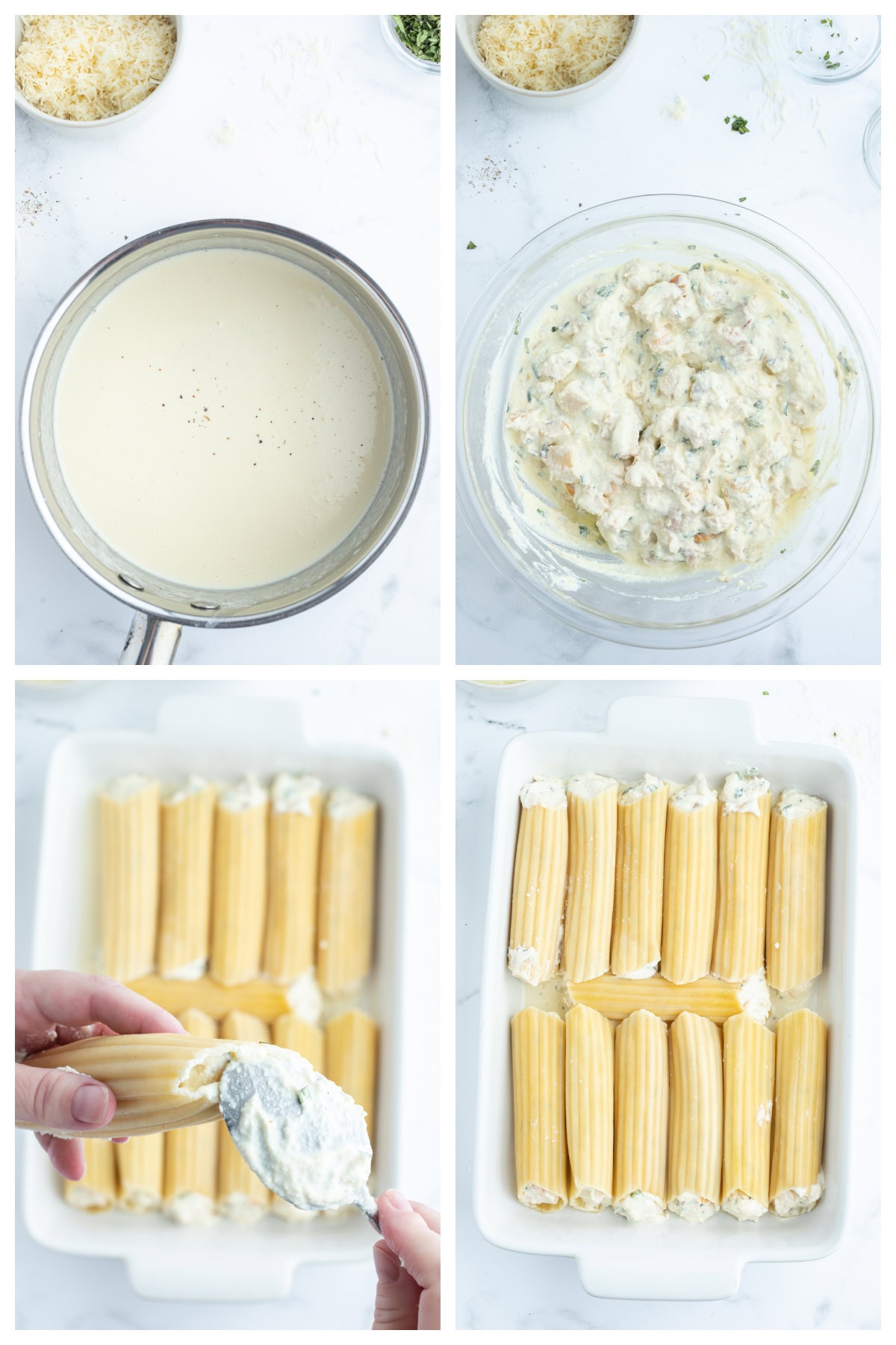 Chicken Manicotti Alfredo recipe from RecipeGirl.com : best stuffed manicotti : chicken manicotti : cheese manicotti : cheesy pasta recipe! four photos showing how to make chicken manicotti alfredo