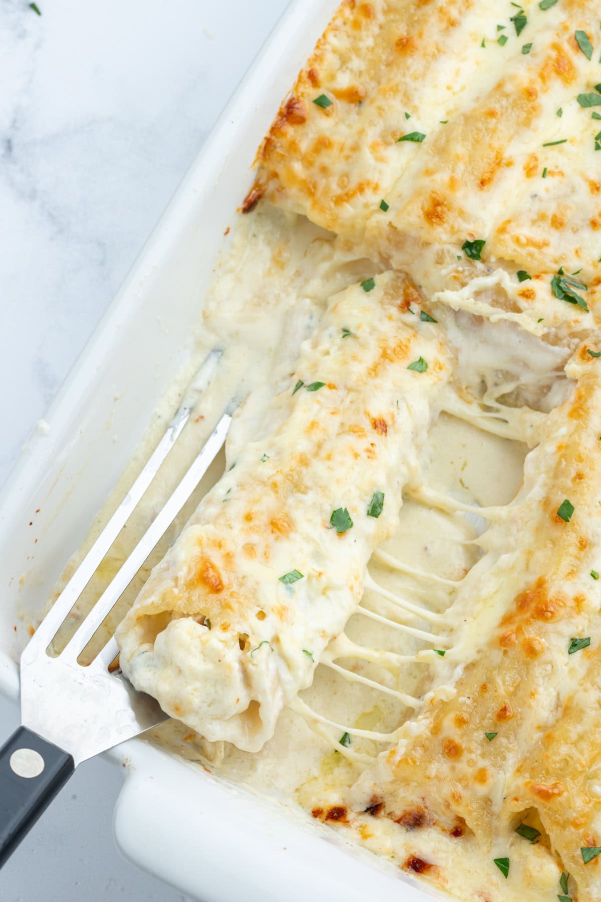 Chicken Manicotti Alfredo recipe from RecipeGirl.com : best stuffed manicotti : chicken manicotti : cheese manicotti : cheesy pasta recipe! looking down on chicken manicotti alfredo in pan