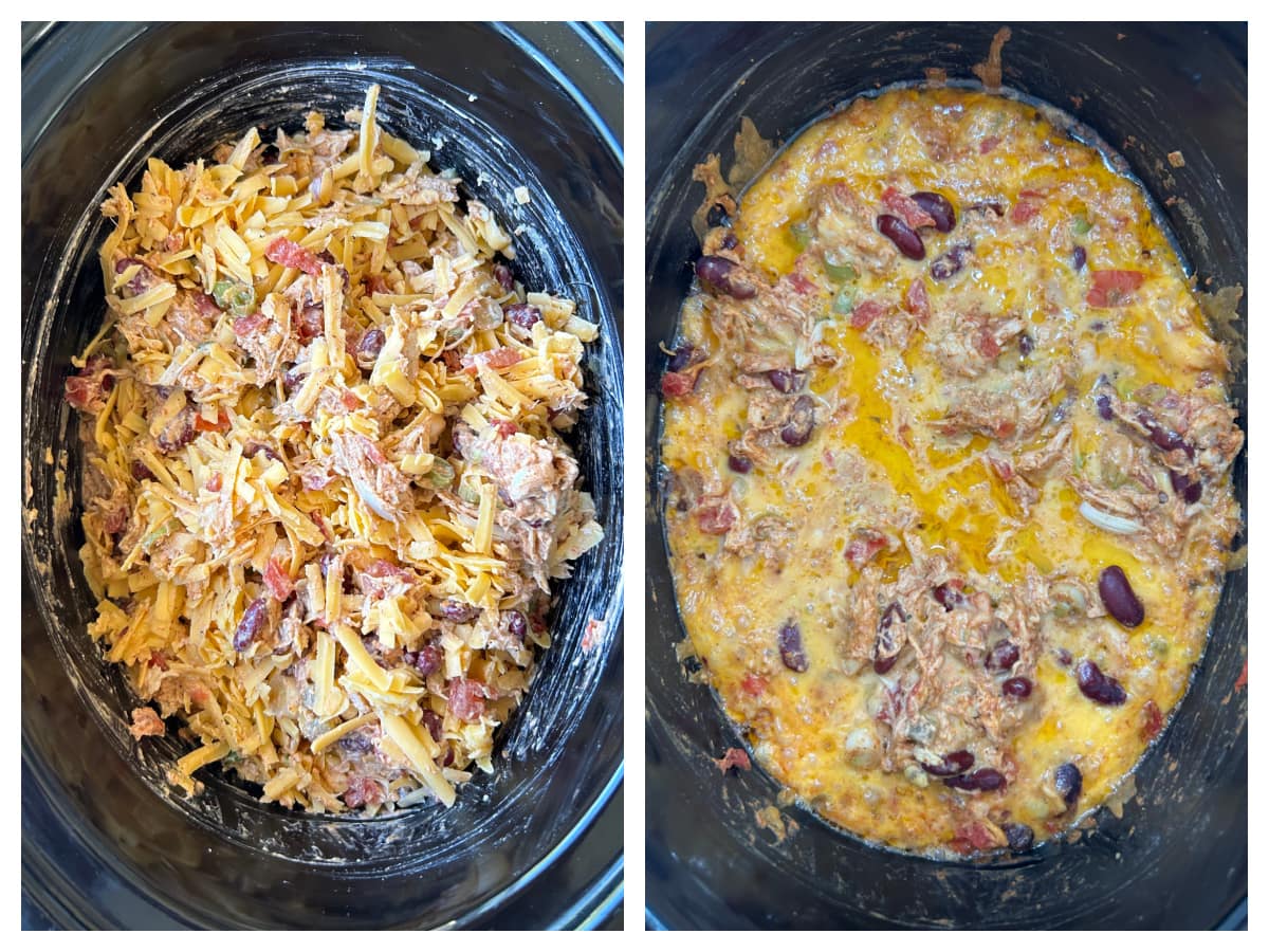 Slow Cooker Chicken Taco Dip recipe from RecipeGirl.com slow cooker chicken taco dip being made
