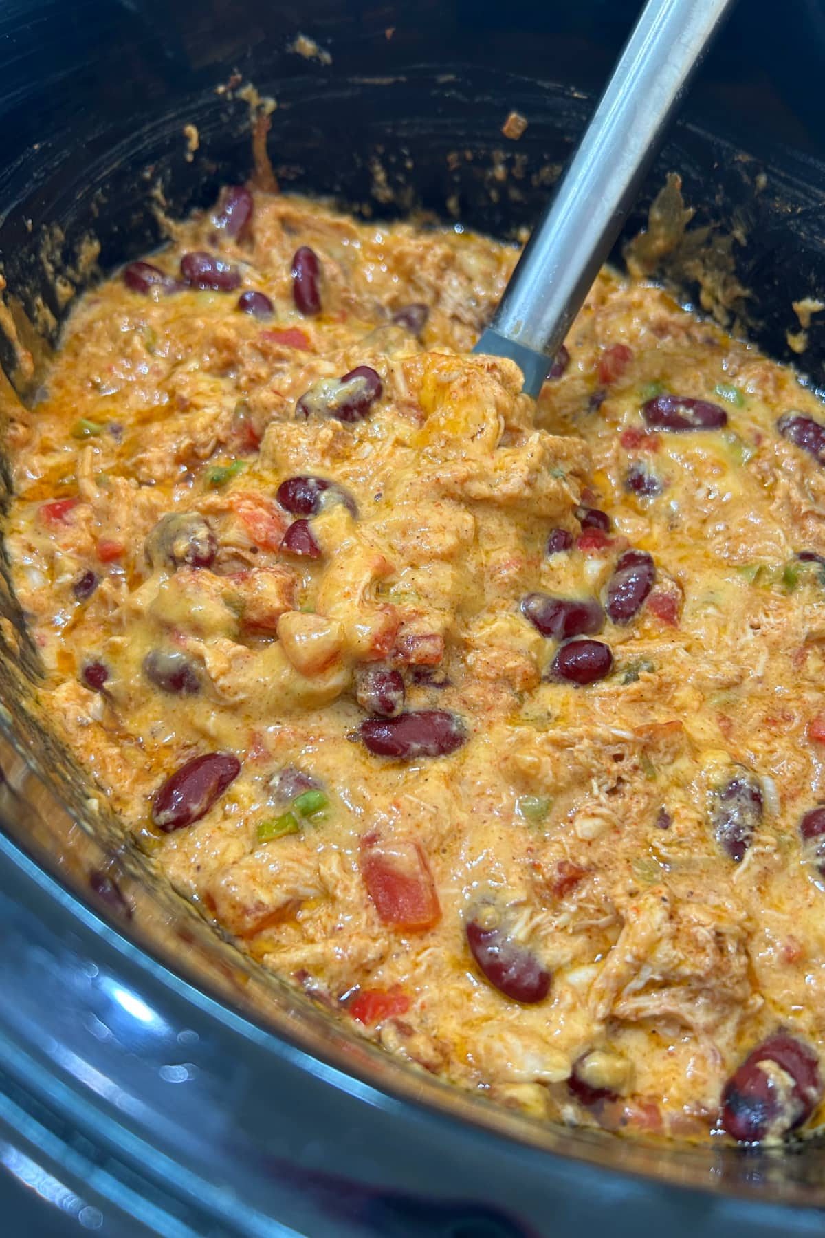 Slow Cooker Chicken Taco Dip recipe from RecipeGirl.com slow cooker chicken taco dip in insert