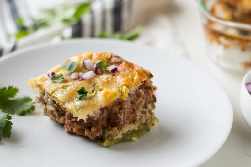 Chiles Rellenos Casserole recipe from RecipeGirl.com #chile #chiles #relleno #rellenos #casserole #mexican #ww #wwfreestyle #weightwatchers Serving of Chiles Rellenos Casserole