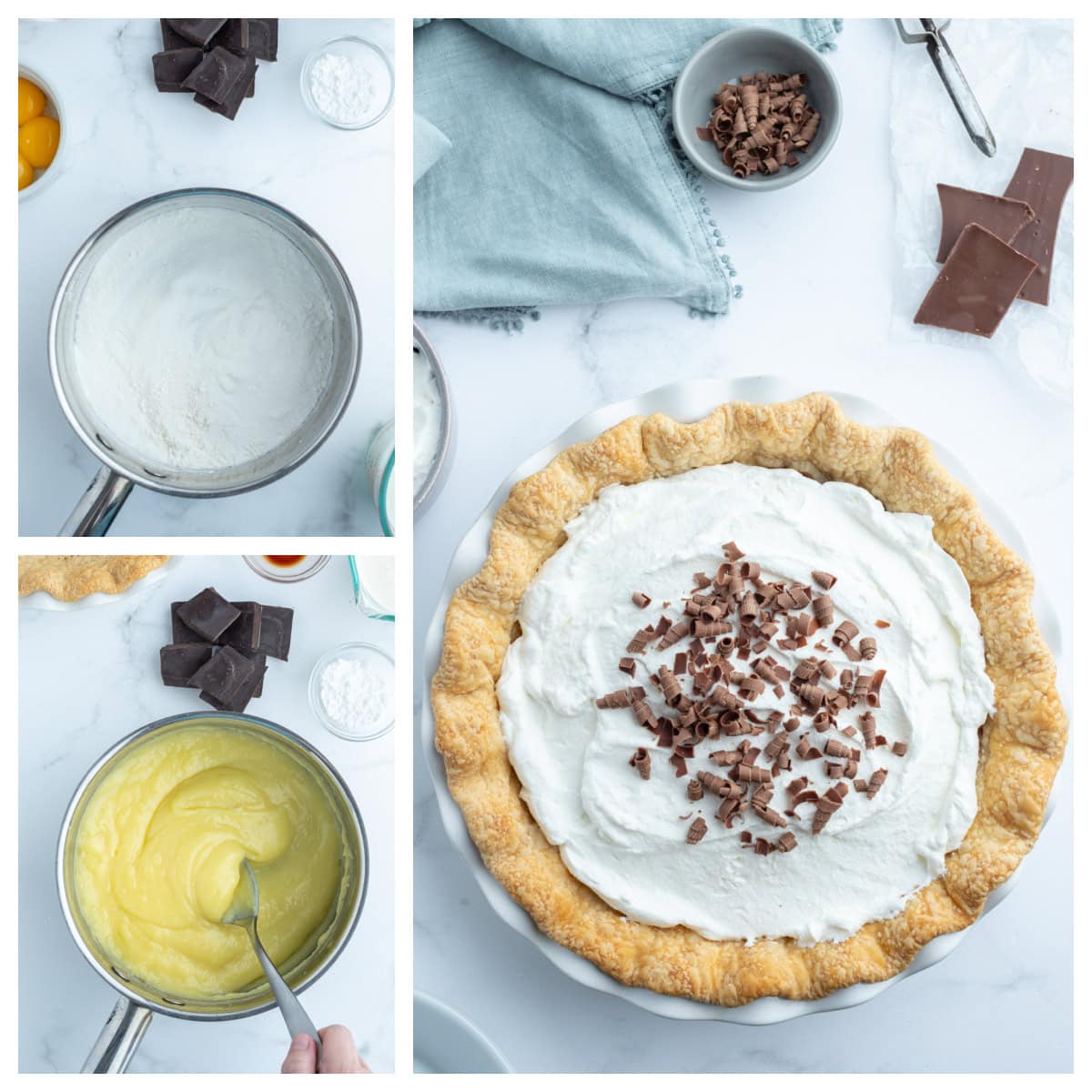 Totally delicious classic easy Chocolate Cream Pie recipe from RecipeGirl.com three photos showing process of making chocolate cream pie