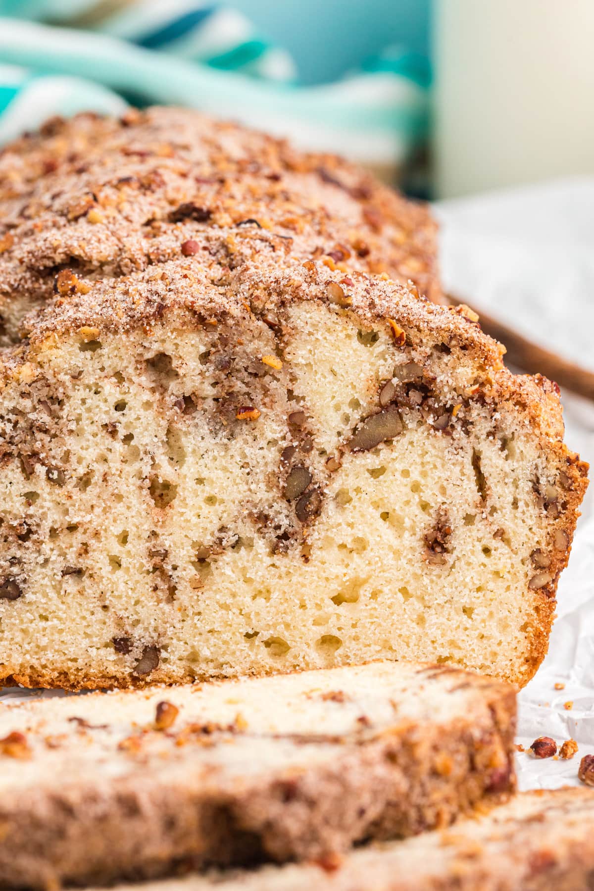 Cinnamon Pecan Bread recipe from RecipeGirl.com loaf of cinnamon pecan bread sliced open