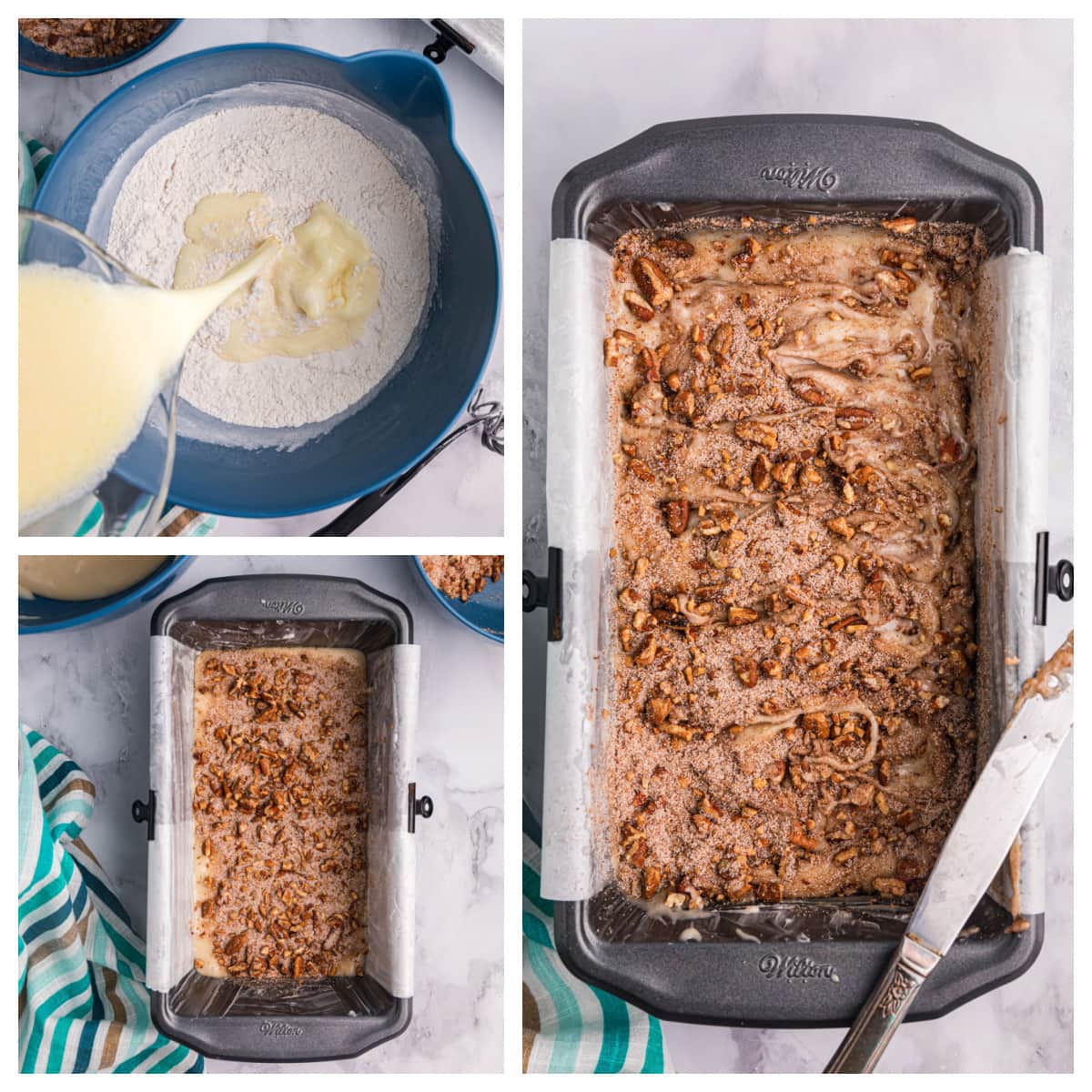 Cinnamon Pecan Bread recipe from RecipeGirl.com three photos showing how to make cinnamon pecan bread