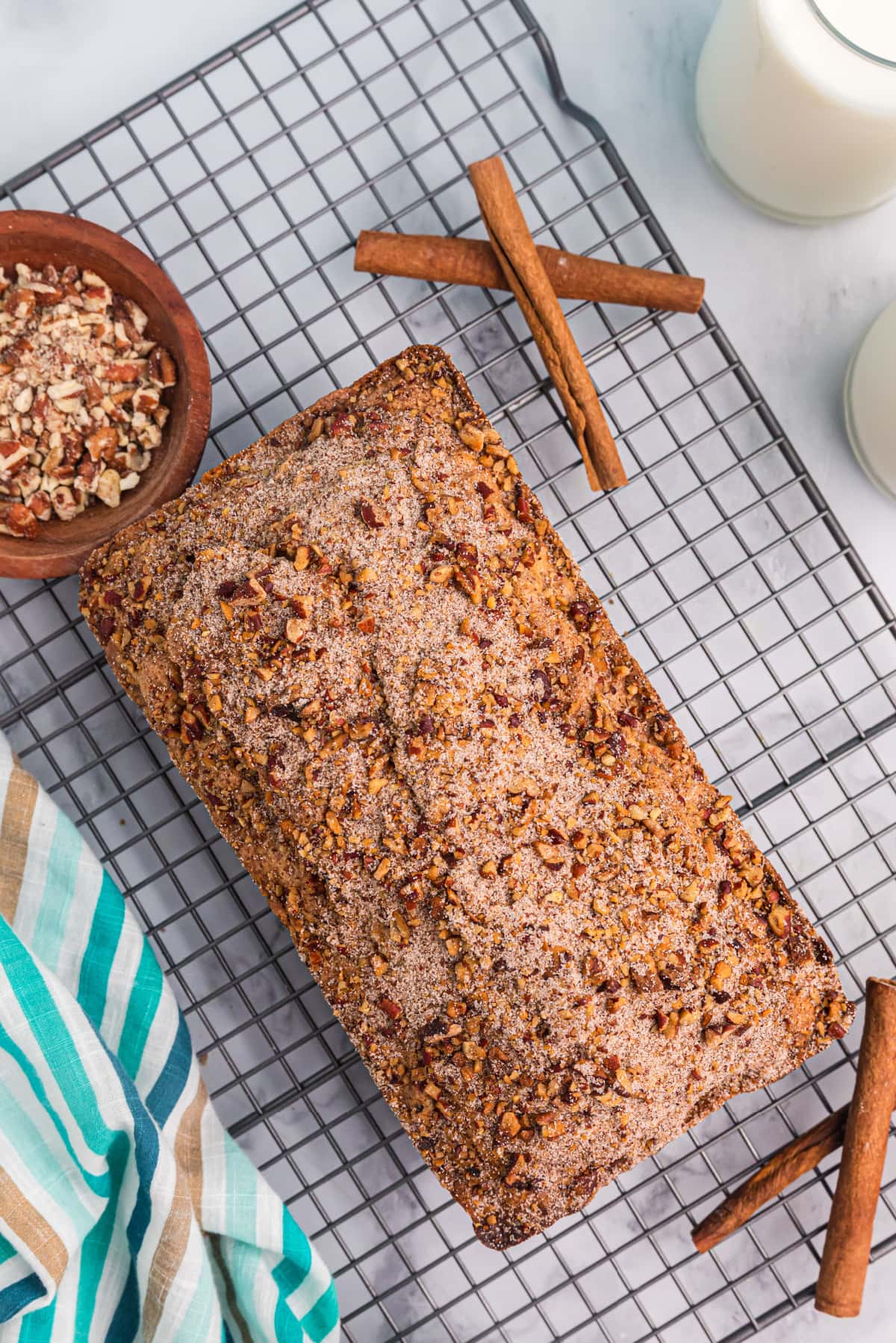 Cinnamon Pecan Bread recipe from RecipeGirl.com overhead shot of loaf of cinnamon pecan bread