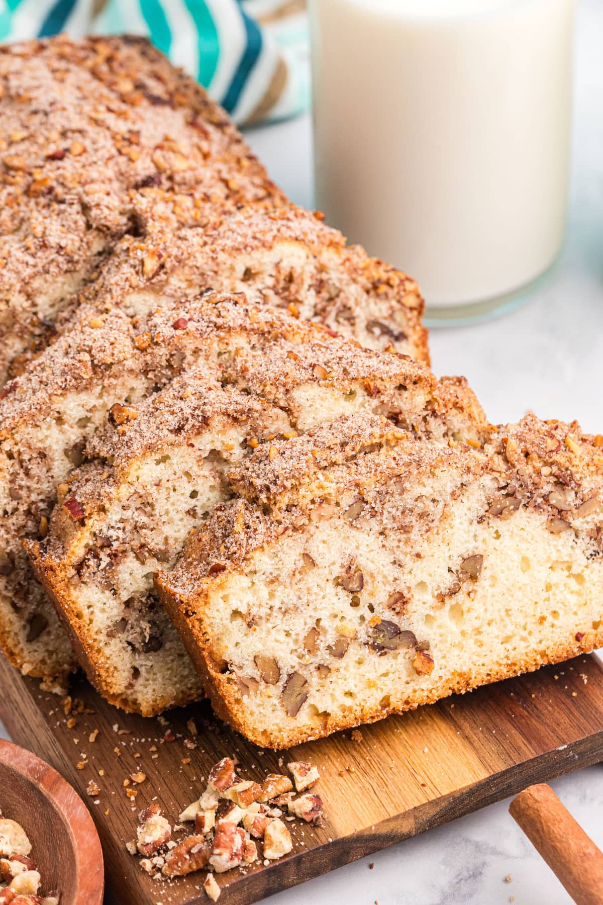 Cinnamon Pecan Bread recipe from RecipeGirl.com sliced cinnamon pecan bread