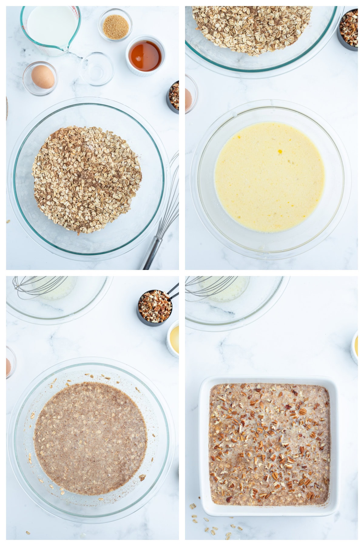 Cinnamon Roll Baked Oatmeal recipe from RecipeGirl.com four photos showing how to make cinnamon roll baked oatmeal
