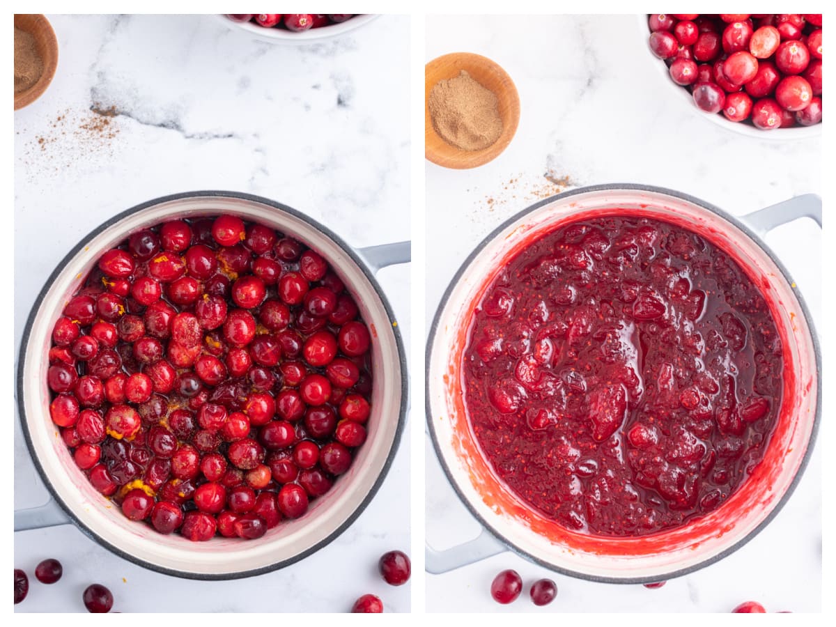 Classic Cranberry Sauce recipe from RecipeGirl.com two photos showing making classic cranberry sauce in a pot