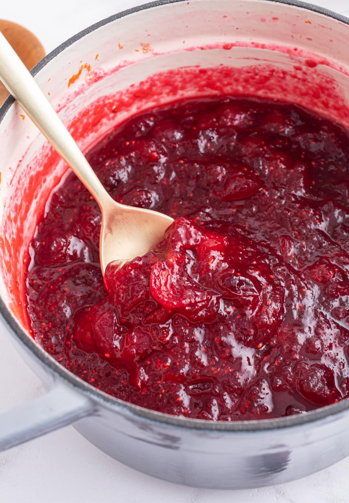 Classic Cranberry Sauce recipe from RecipeGirl.com pot of classic cranberry sauce with spoon