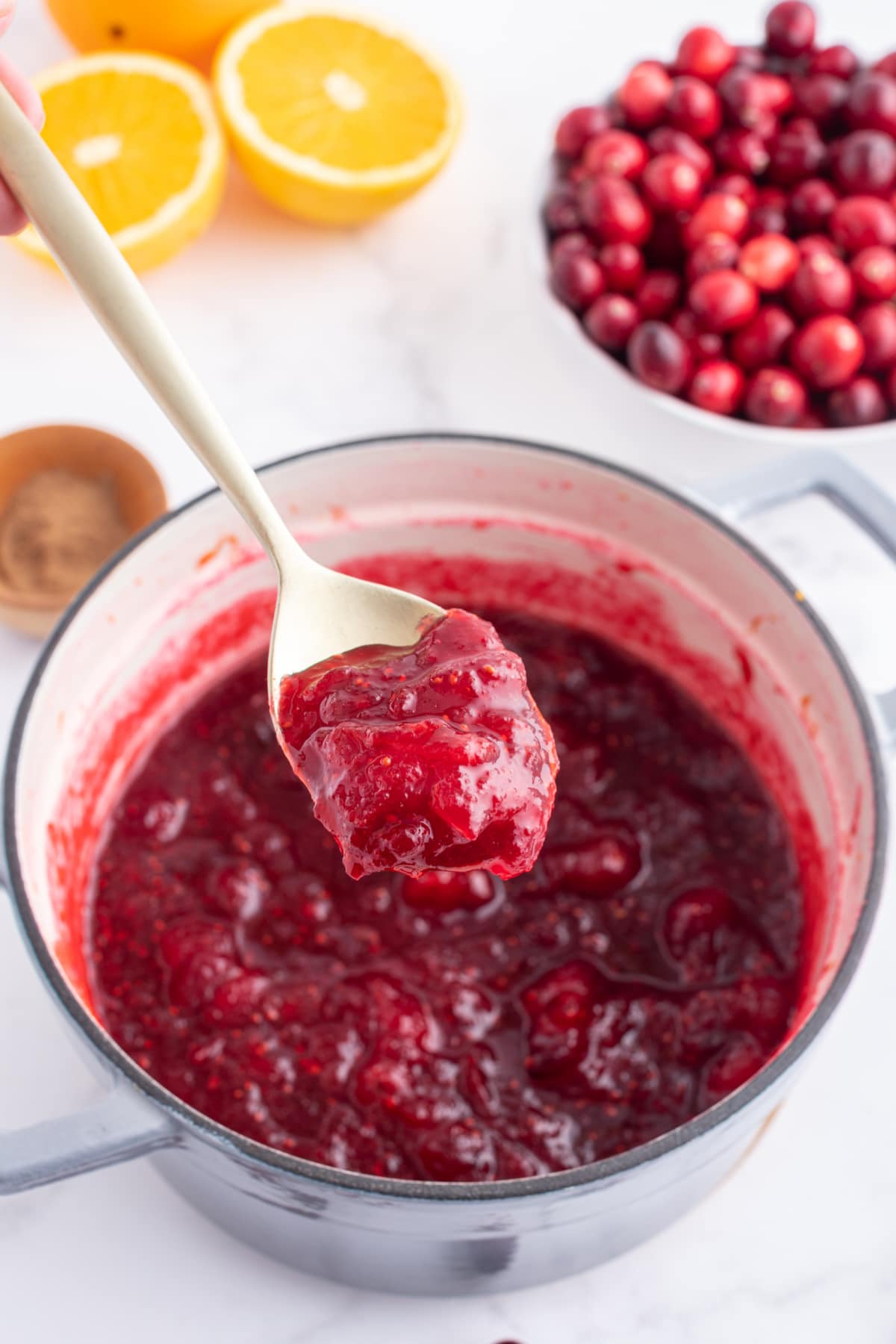 Classic Cranberry Sauce recipe from RecipeGirl.com spooning out classic cranberry sauce out of pan