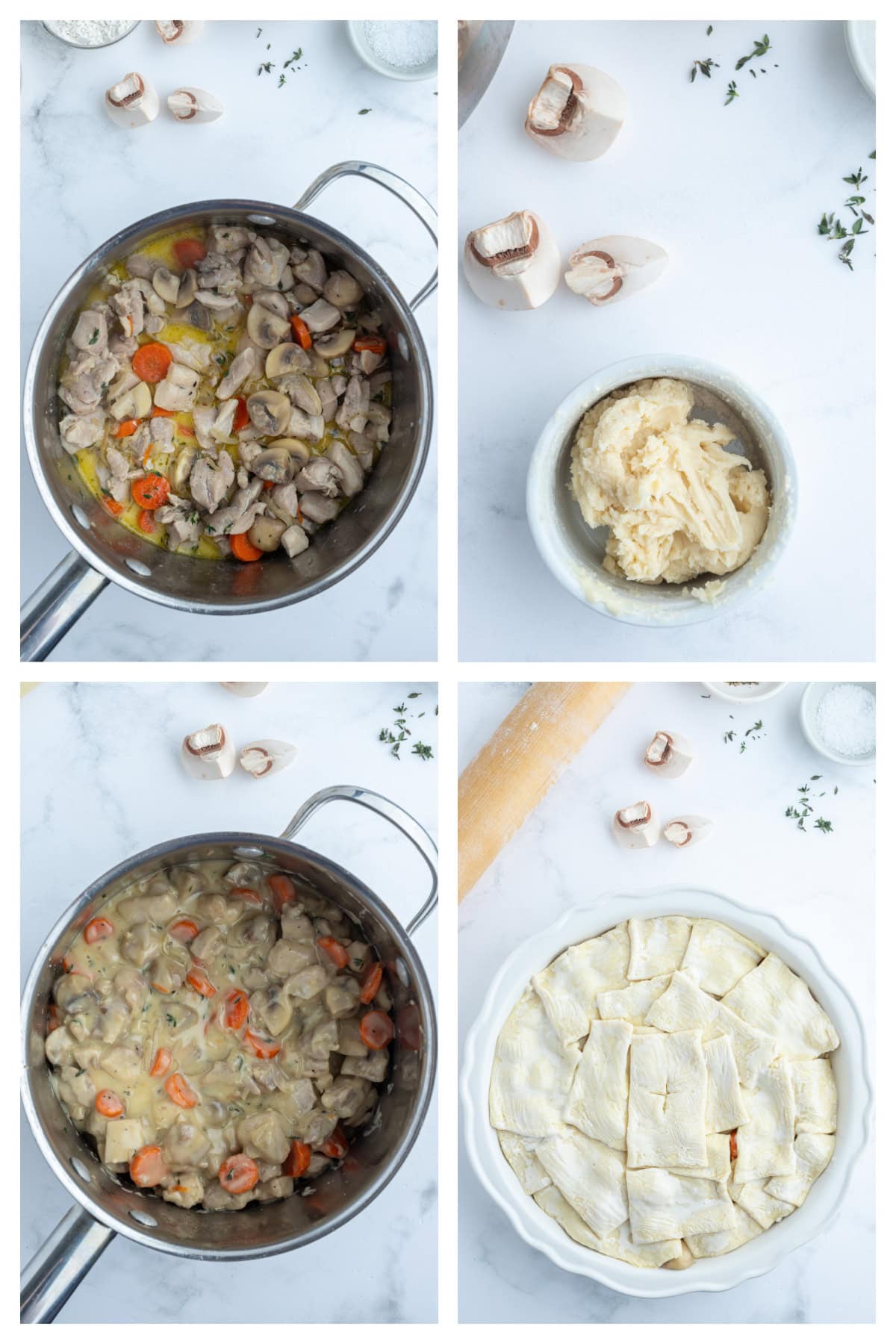 Coq au Vin Pot Pie recipe from RecipeGirl.com : Fun way to eat this popular French comfort food recipe, and a unique version of the classic chicken pot pie. four photos showing how to make coq au vin pot pie