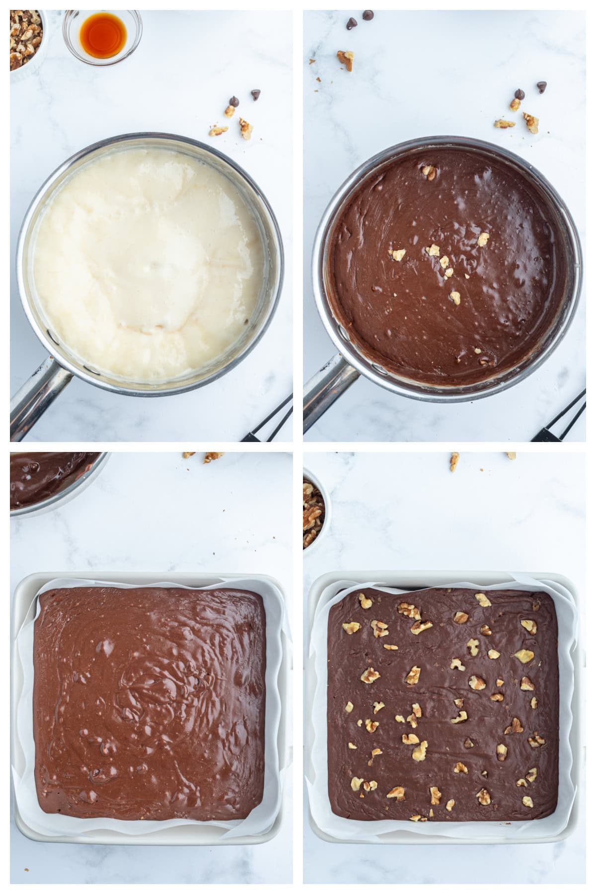 Creamy Chocolate Walnut Fudge recipe from RecipeGirl.com four photos showing how to make creamy chocolate walnut fudge