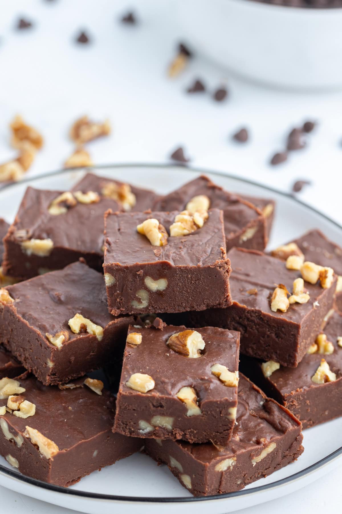 Creamy Chocolate Walnut Fudge recipe from RecipeGirl.com platter of creamy chocolate walnut fudge