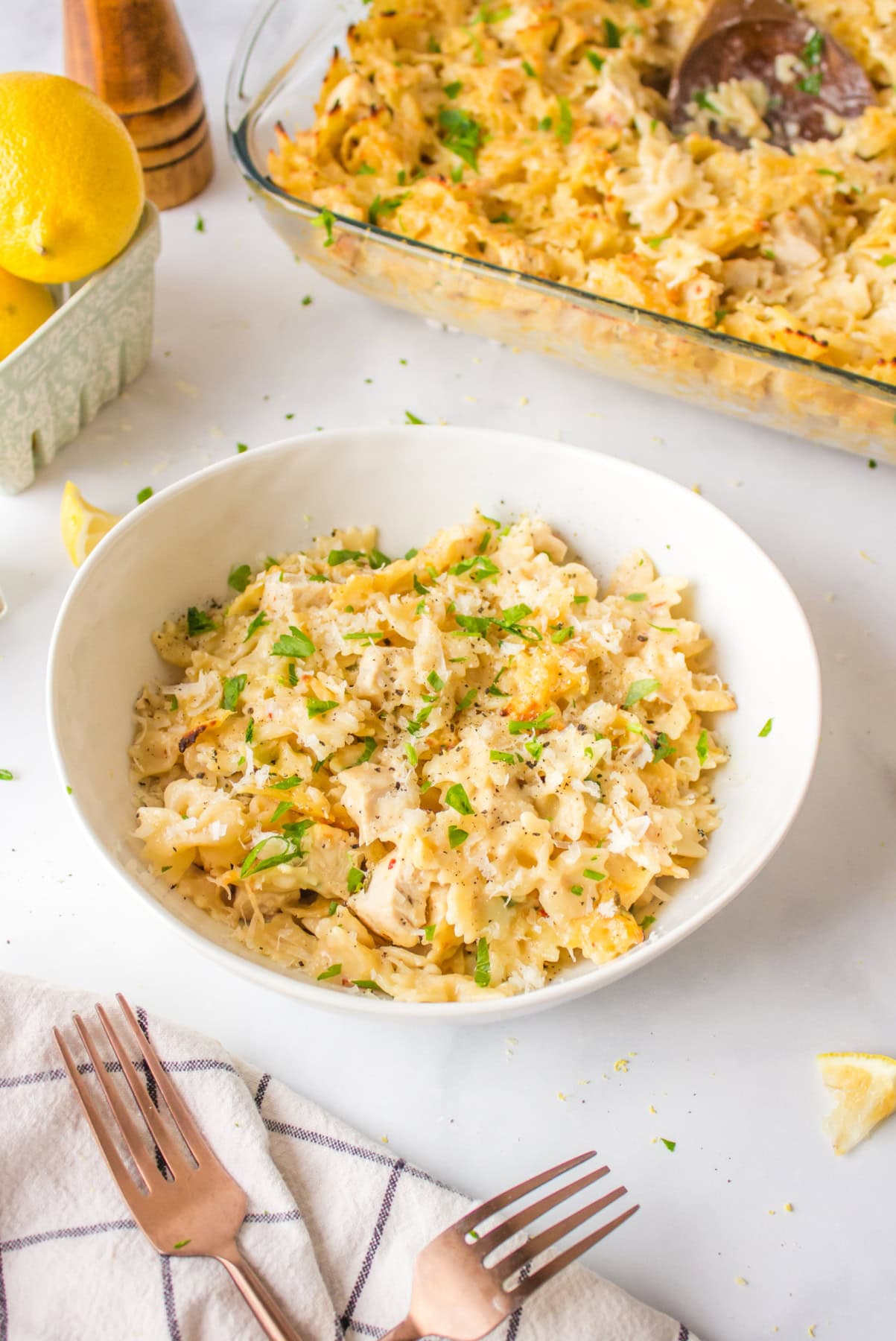 Creamy Lemon Chicken Pasta recipe from RecipeGirl.com creamy lemon chicken pasta in a bowl