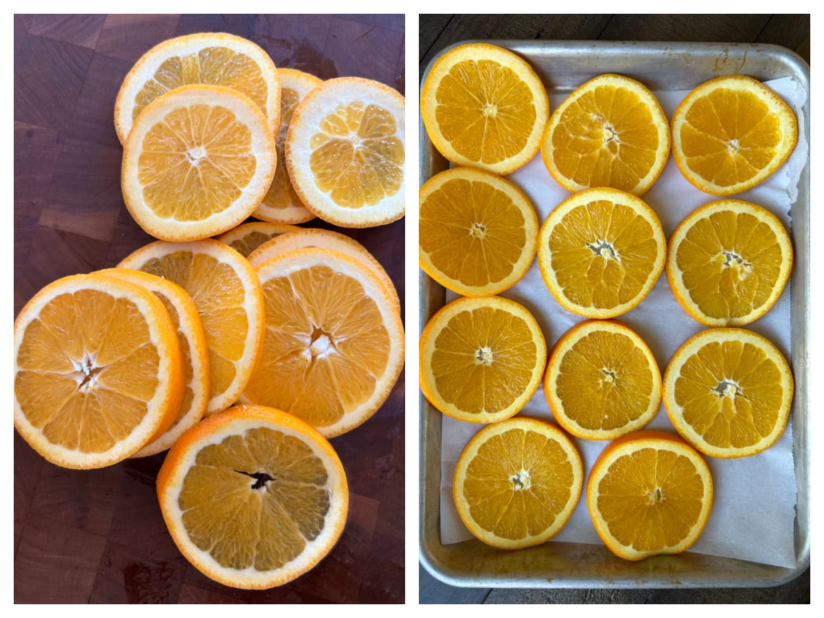 Dehydrated Orange Slices recipe from RecipeGirl.com slices of orange and then slices of orange on a baking sheet