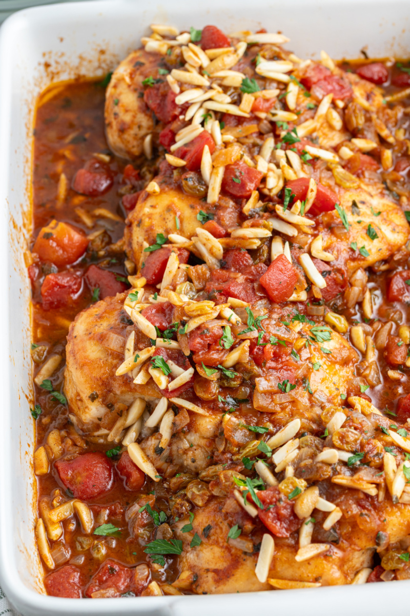 Drunken Chicken recipe from RecipeGirl.com drunken chicken in casserole dish