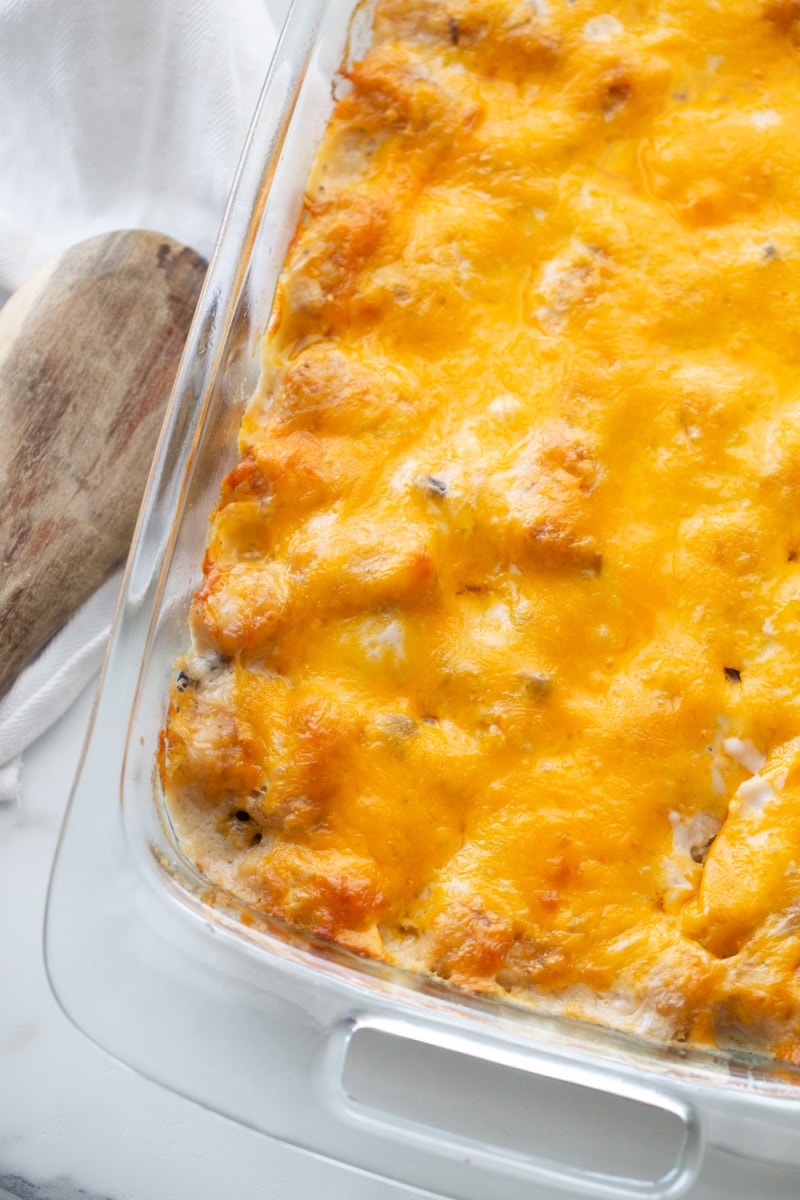 Easy Tater Tot Casserole recipe from RecipeGirl.com easy tater tot casserole in dish