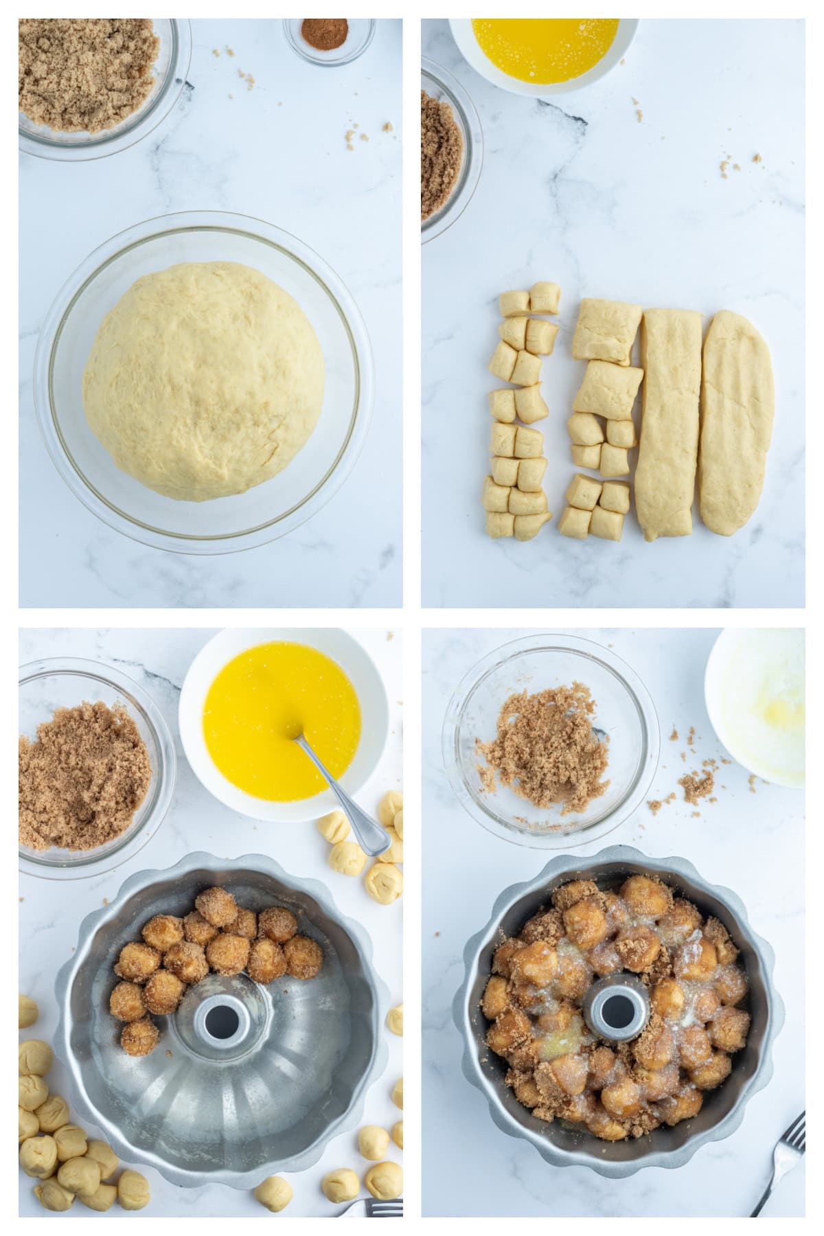 Eggnog Monkey Bread recipe from RecipeGirl.com four photos showing how to make eggnog monkey bread