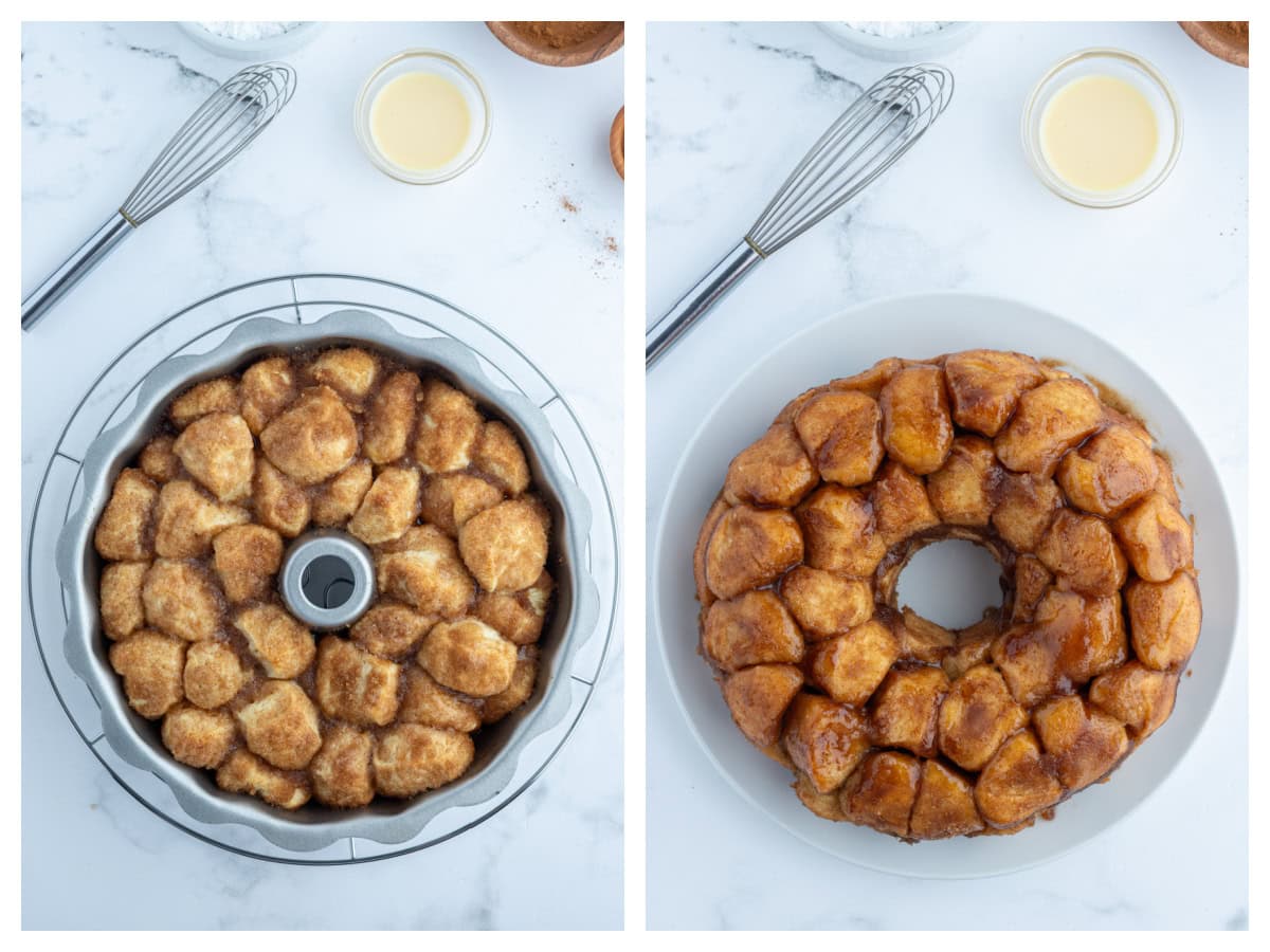 Eggnog Monkey Bread recipe from RecipeGirl.com two photos showing eggnog monkey bread in pan and then baked and turned out of pan onto plate