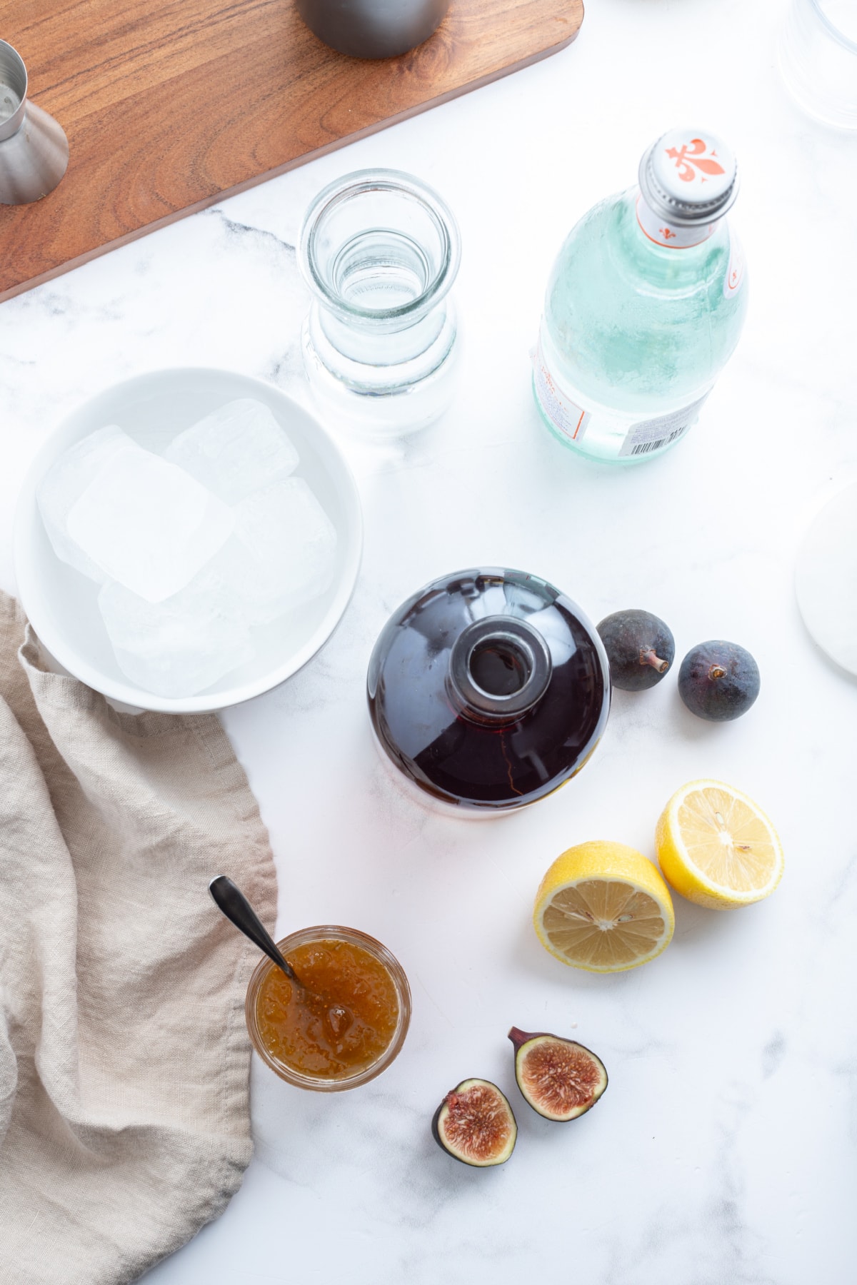 Fig Old Fashioned recipe from RecipeGirl.com ingredients displayed for making a fig old fashioned