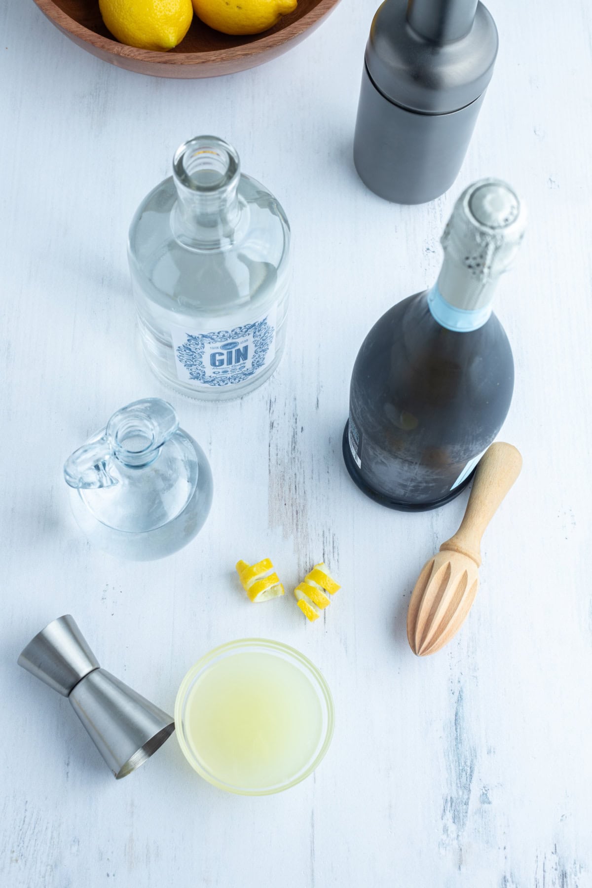 French 75 Cocktail recipe from RecipeGirl.com ingredients displayed for making french 75