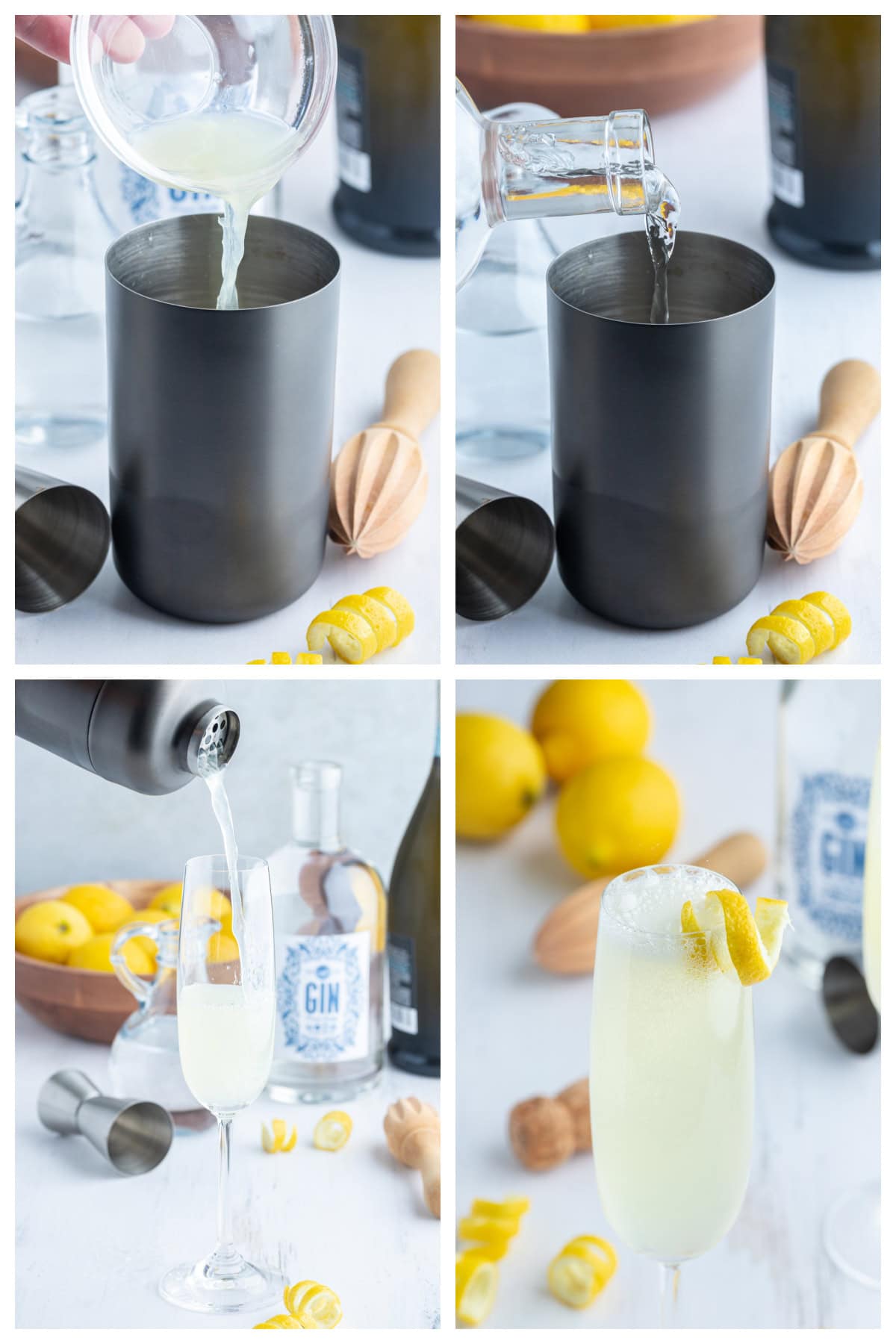 French 75 Cocktail recipe from RecipeGirl.com four photos showing how to make a french 75
